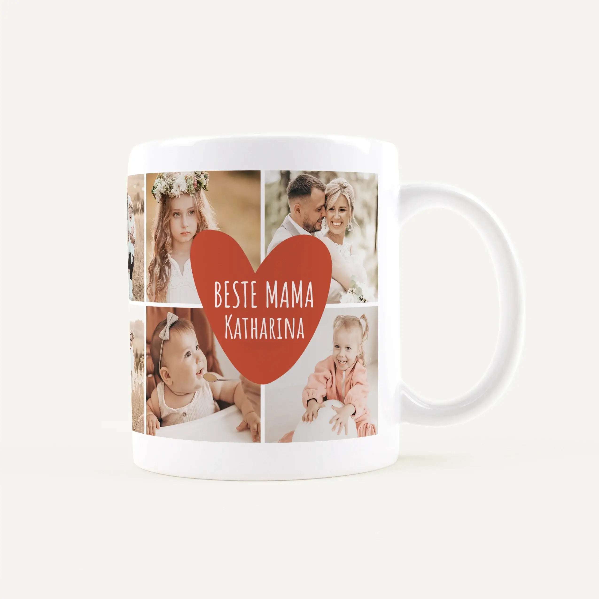 White mug with a photo collage of family pictures and a large red heart reading 'Beste Mama Katharina'.