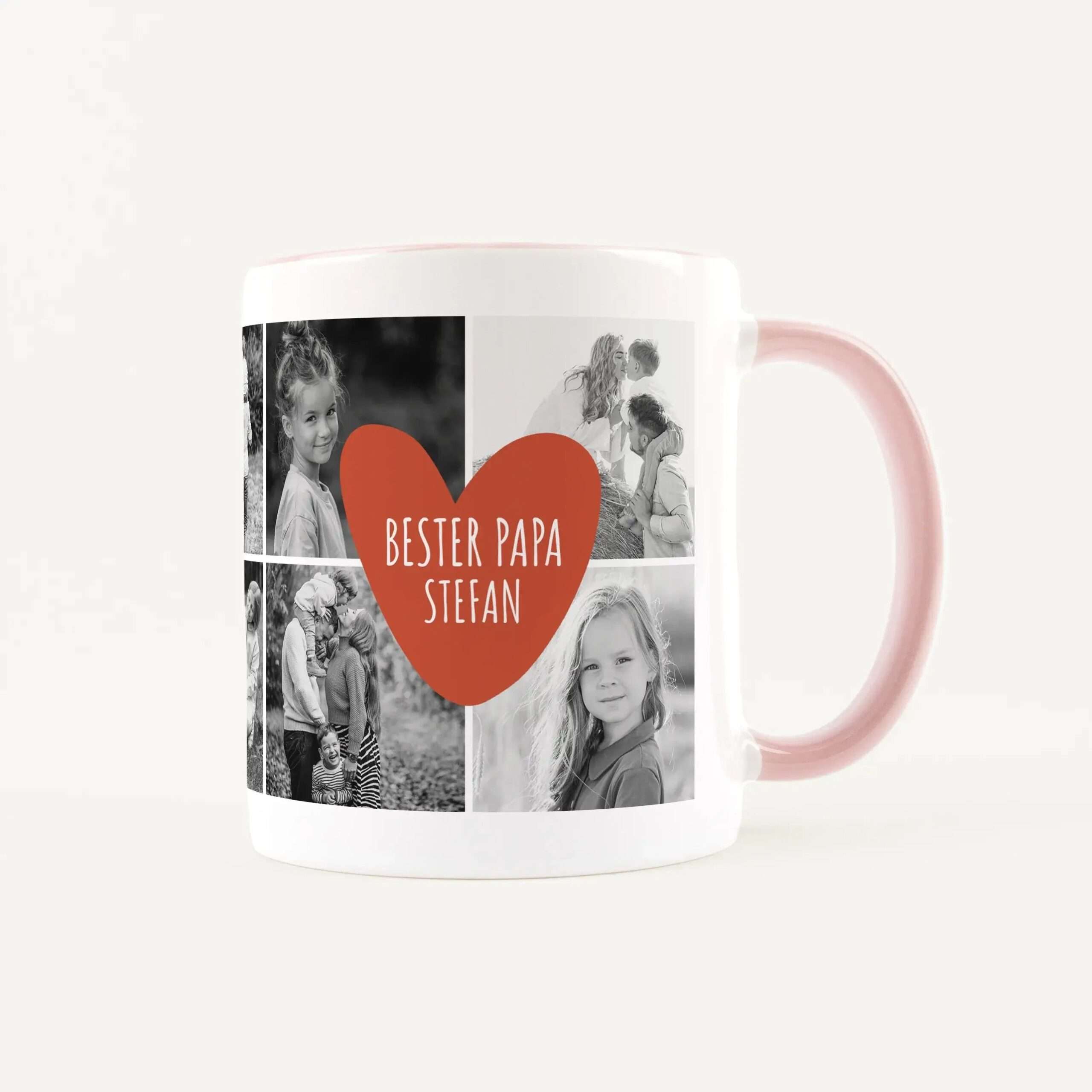 White ceramic mug featuring a photo collage and a large red heart with the text 'Bester Papa Stefan'.