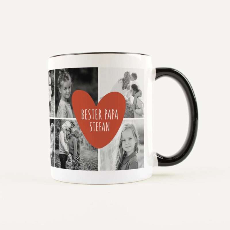 White mug with a black-and-white photo collage around a red heart that reads “Bester Papa Stefan.”