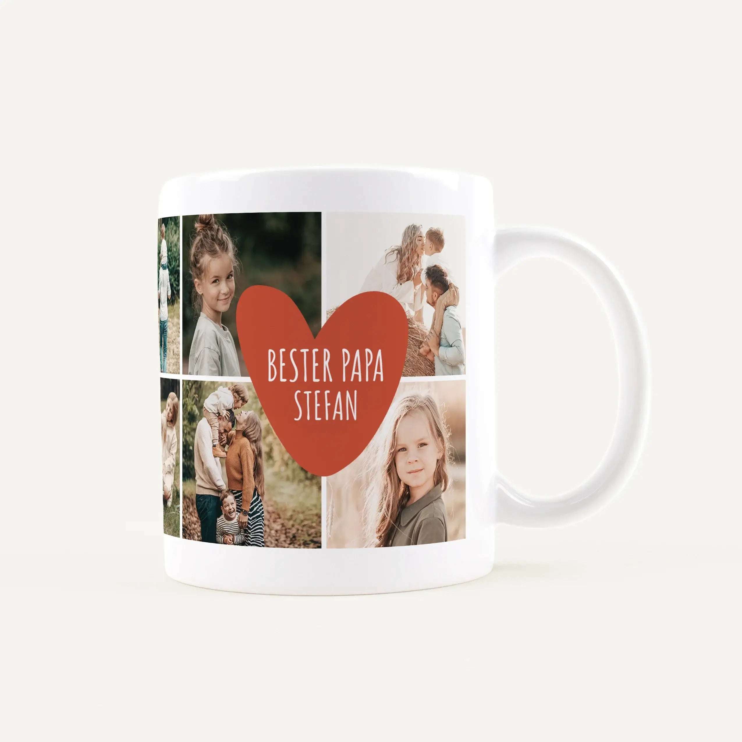 White mug with a collage of family photos around a red heart and the words 'Bester Papa Stefan' (German for 'Best Dad Stefan').