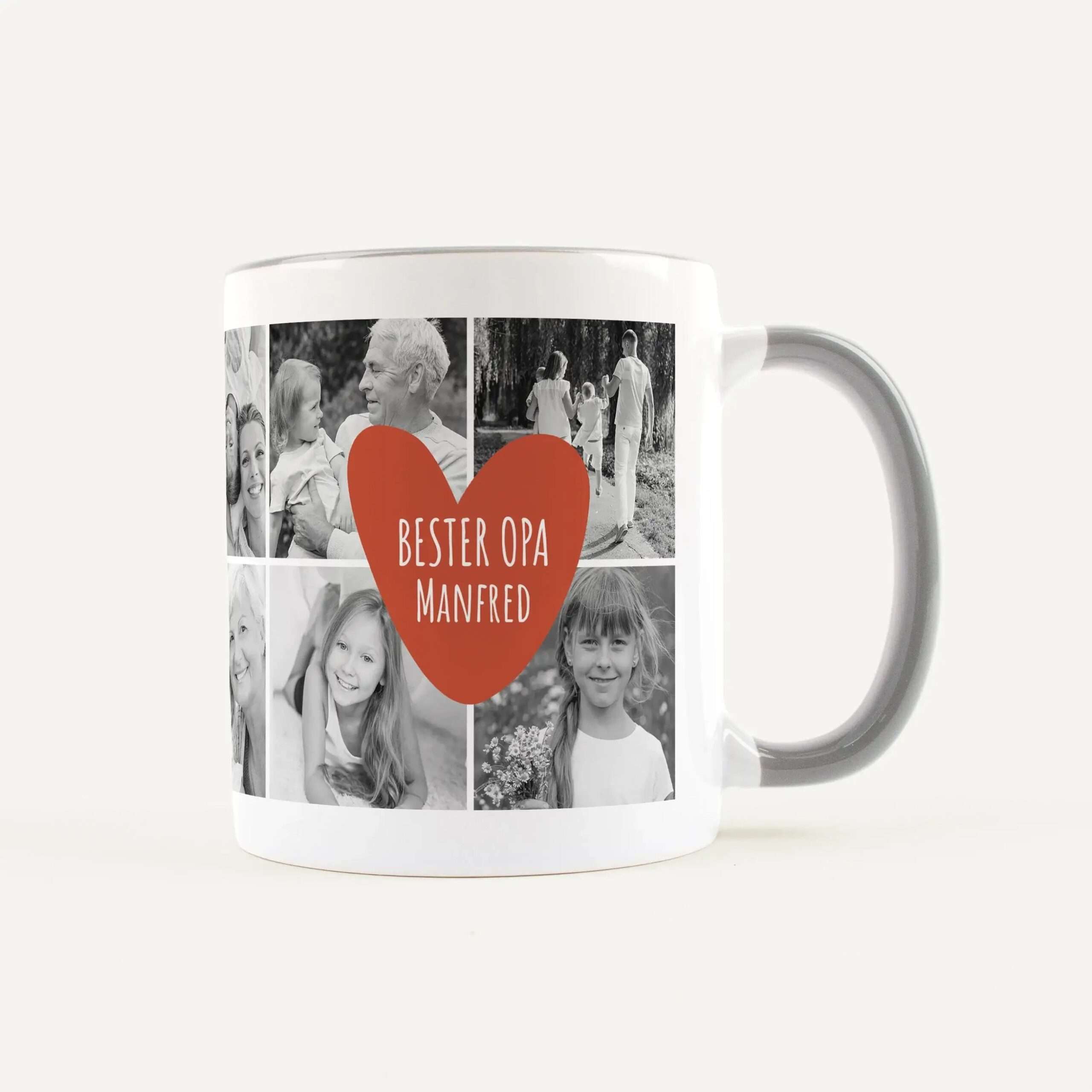 White mug decorated with a black-and-white photo collage around a large red heart bearing a message about grandpa Manfred.