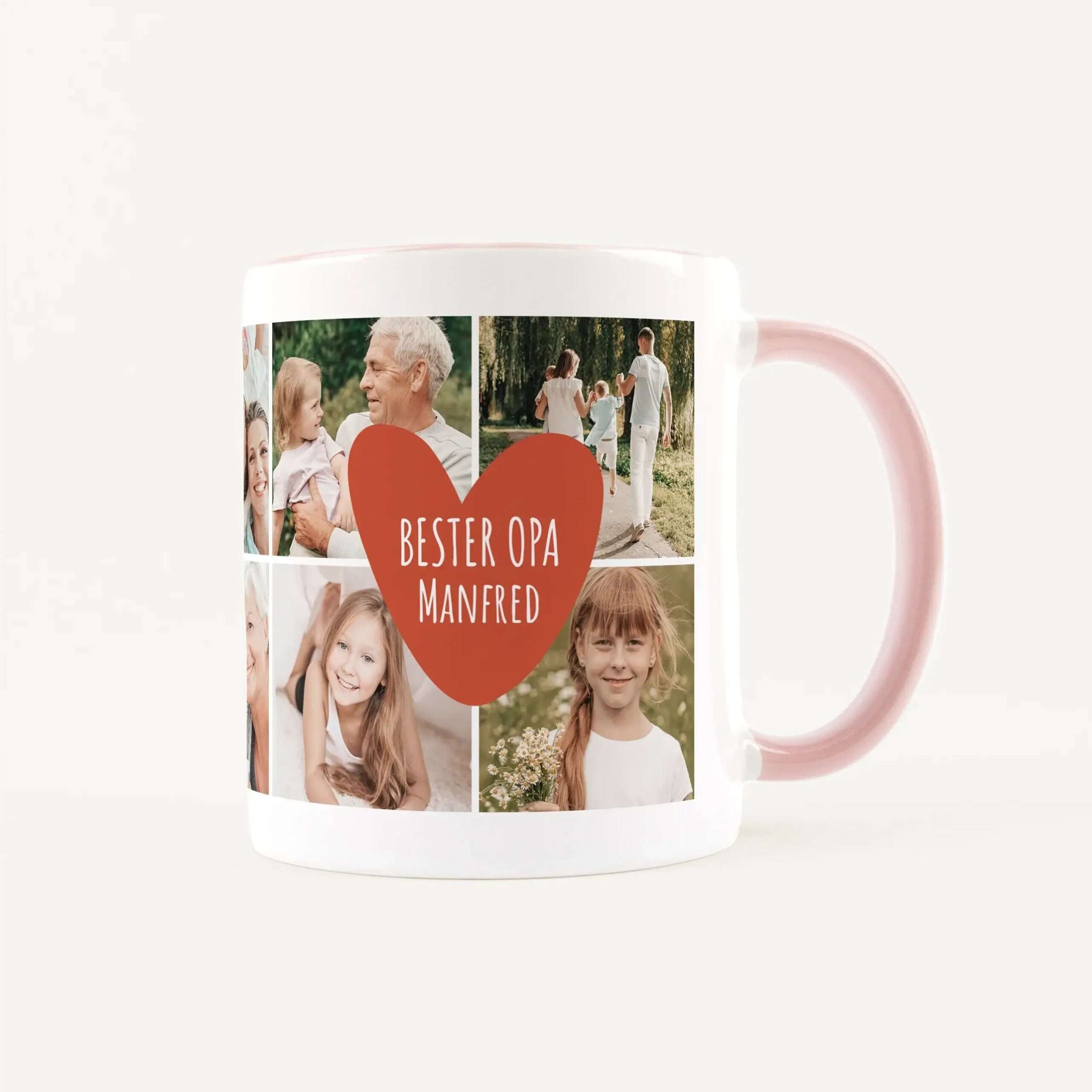 Custom photo mug showing a collage of family pictures around a large red heart graphic on a white mug surface, celebrating family.