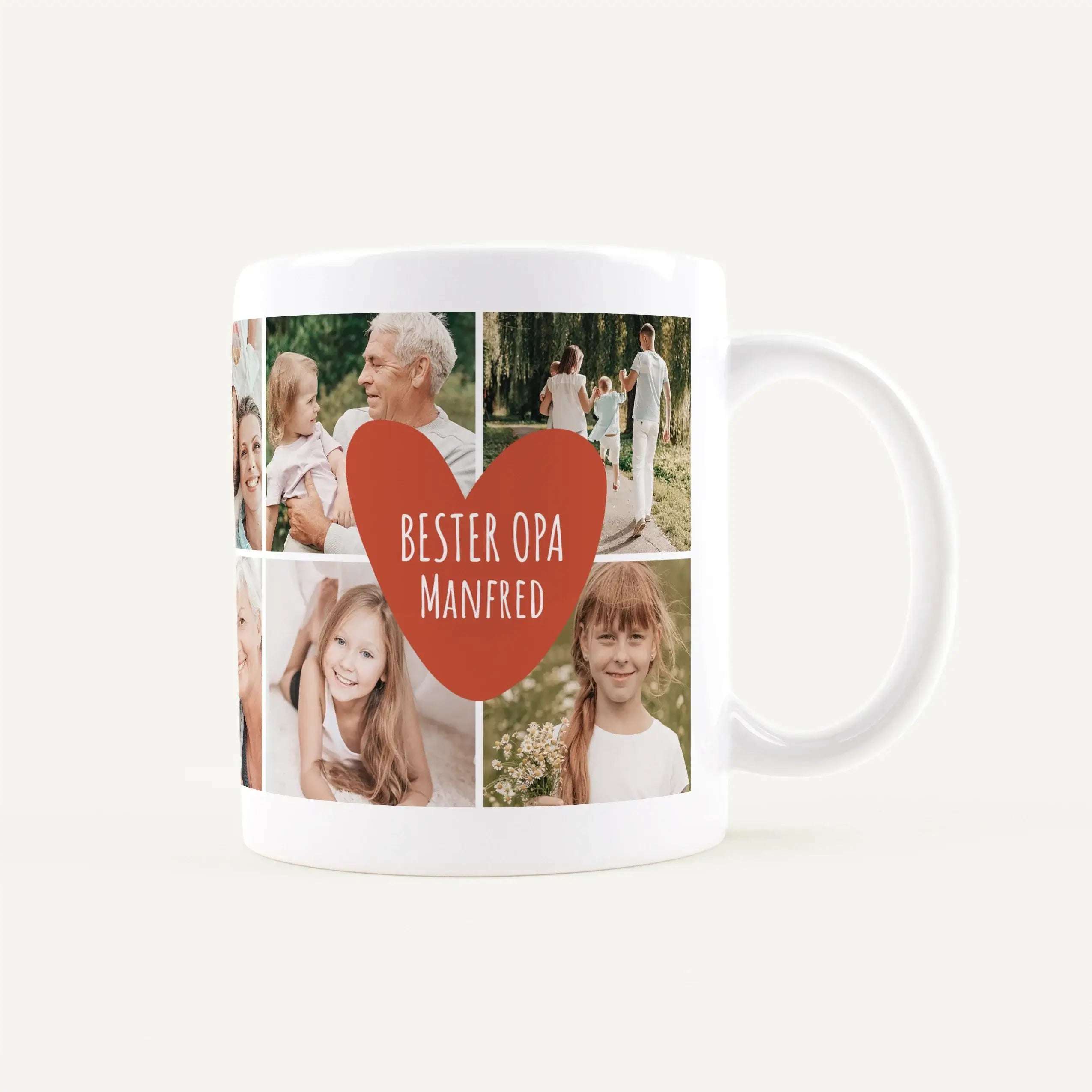 White ceramic mug with a photo collage wrap featuring multiple family pictures and a large red heart with text, likely a gift for a grandfather.