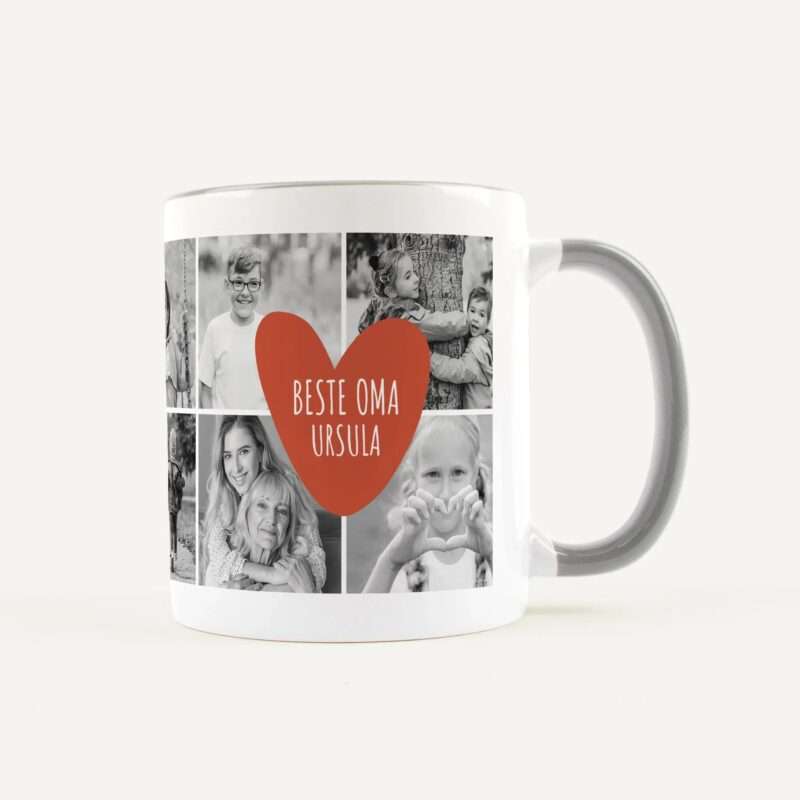 White mug with a black-and-white family-photo collage and a large red heart reading 'Beste Oma Ursula'.