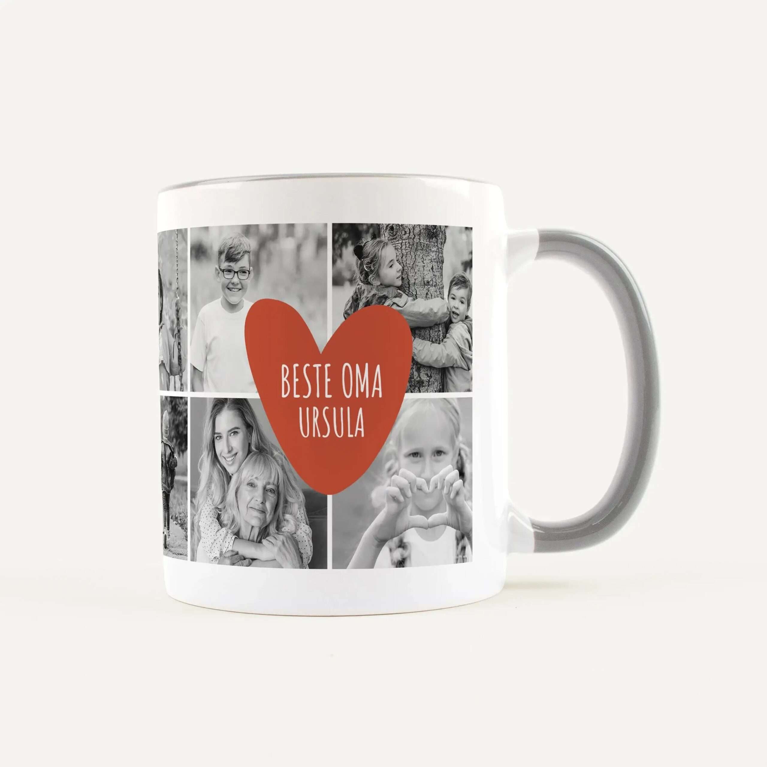 White mug with a black-and-white family-photo collage and a large red heart reading 'Beste Oma Ursula'.