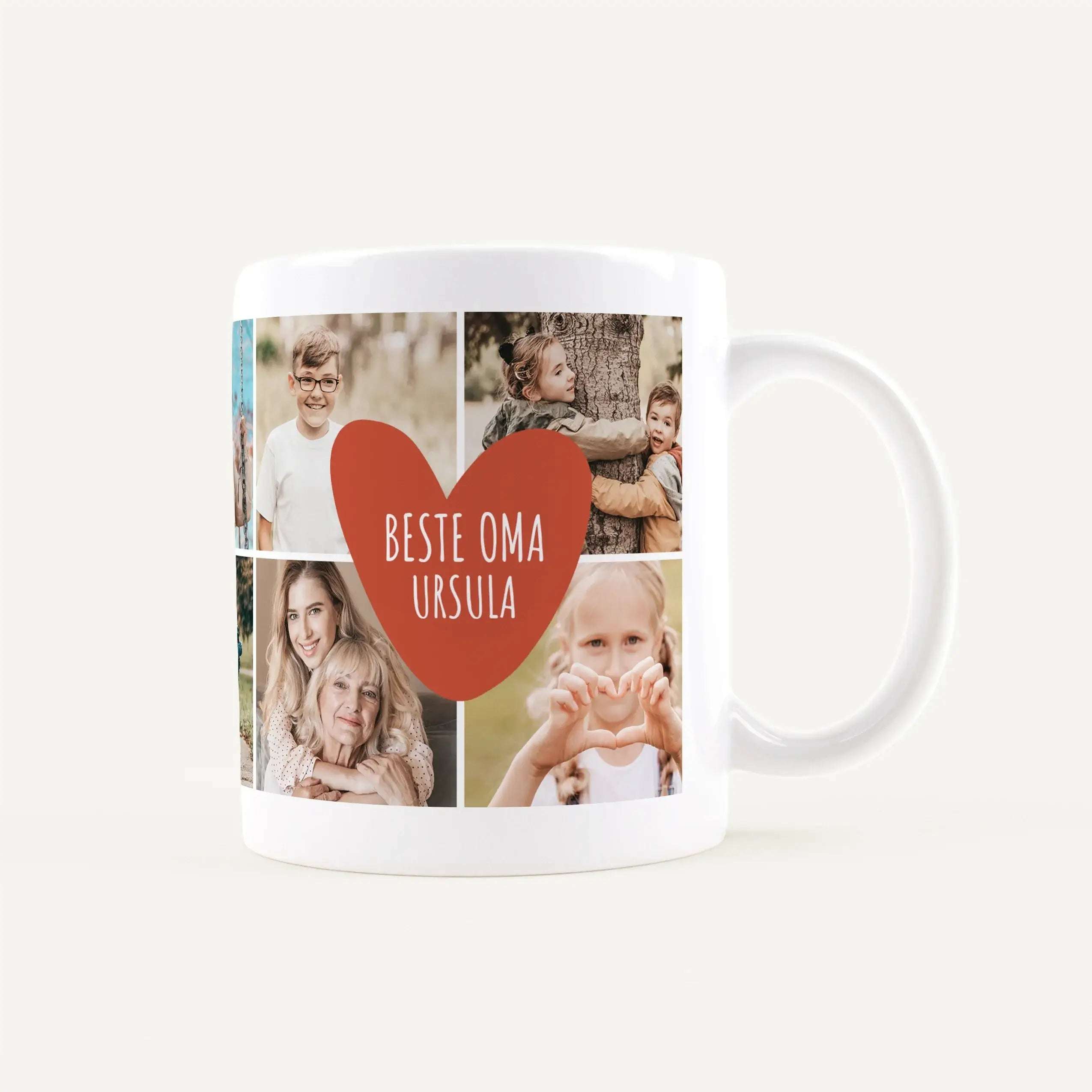 White mug with a photo collage around a red heart reading 'Beste Oma Ursula' (German for 'Best Grandma Ursula').