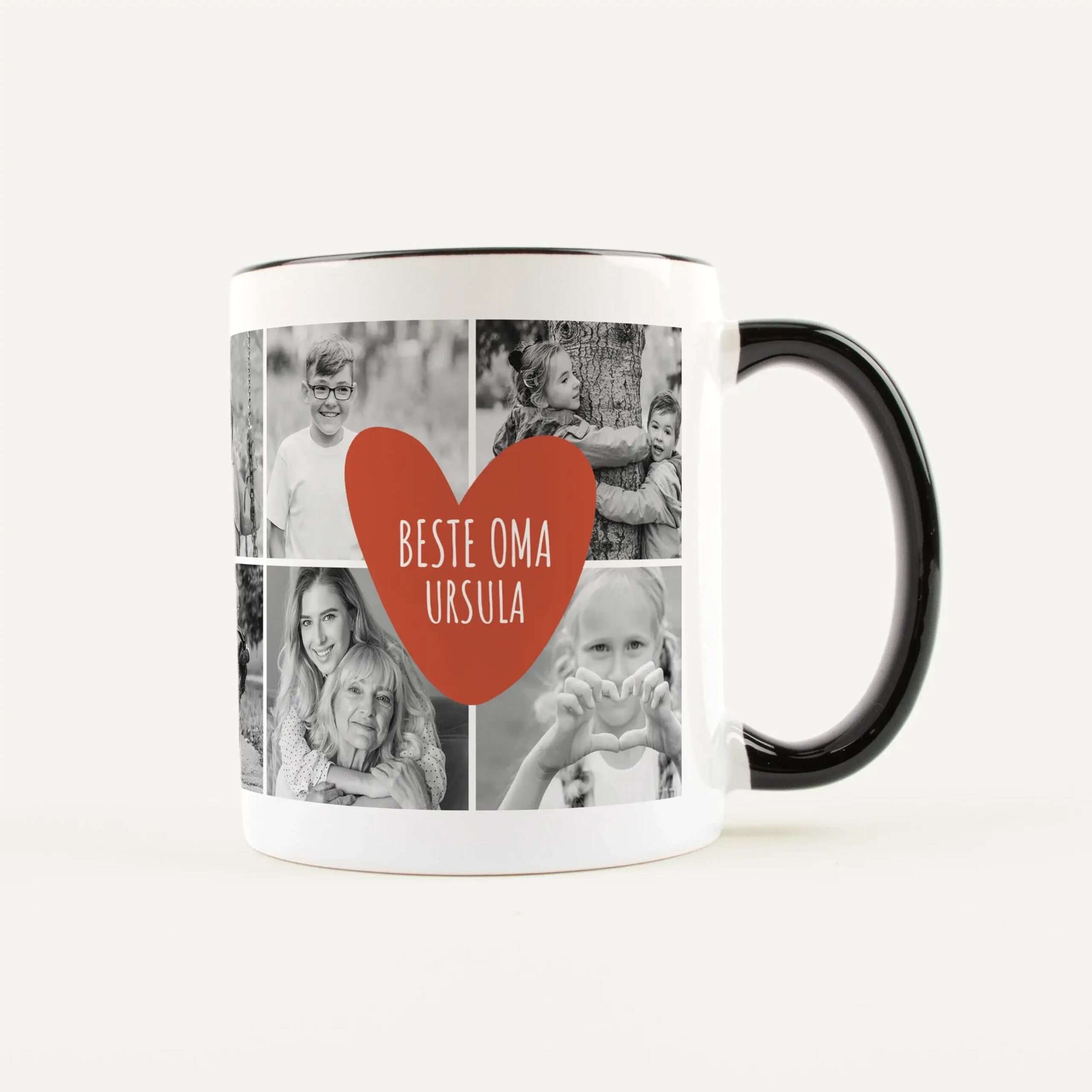 Mug with a collage of black-and-white family photos and a large red heart reading 'Beste Oma Ursula'.