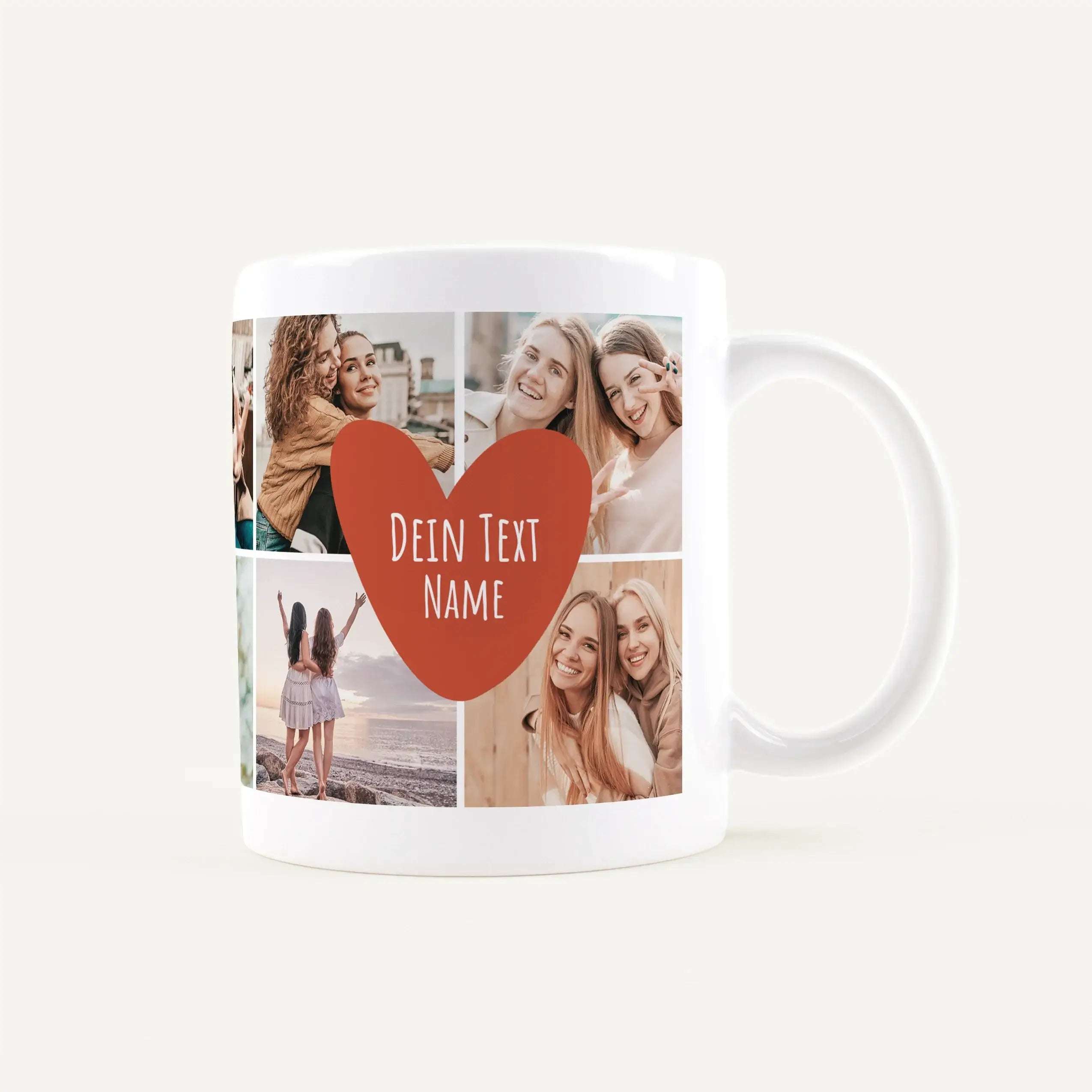 White ceramic mug featuring a photo collage with a large red heart and customizable text reading 'DEIN TEXT NAME'.