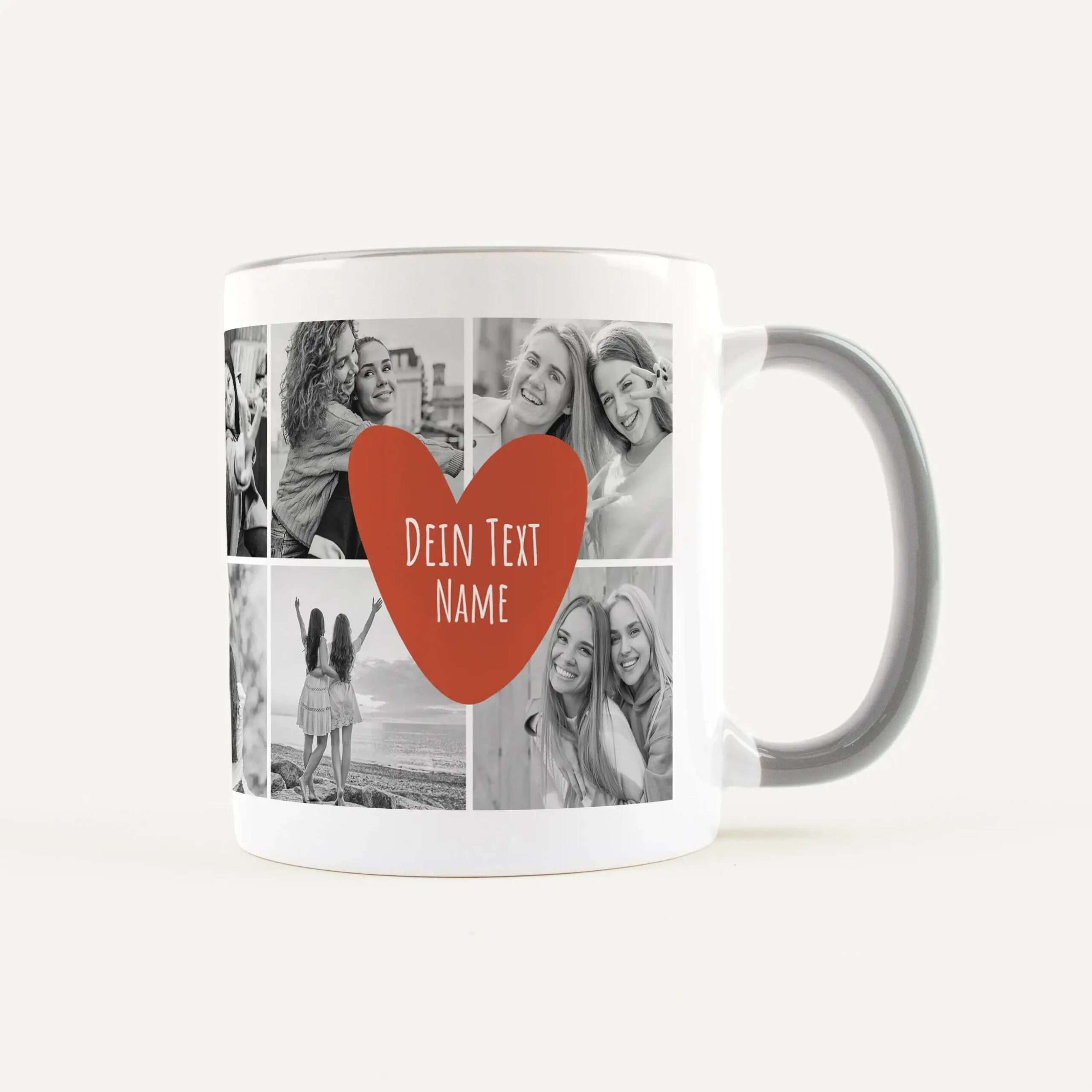 White ceramic mug with a black-and-white photo collage and a large red heart in the center, containing placeholder text 'DEIN TEXT NAME' for customization
