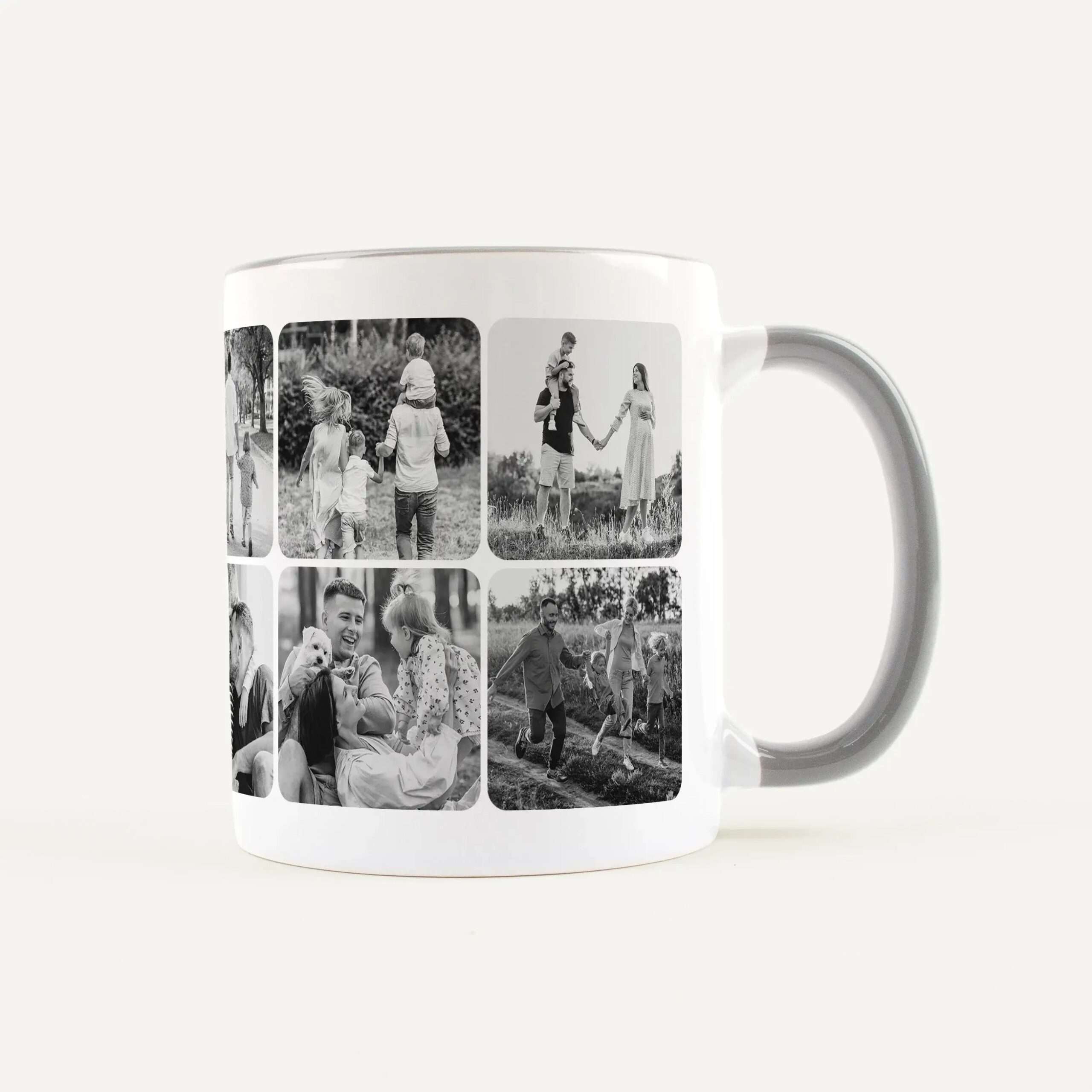 White mug with a grayscale photo collage wrapping around its side.