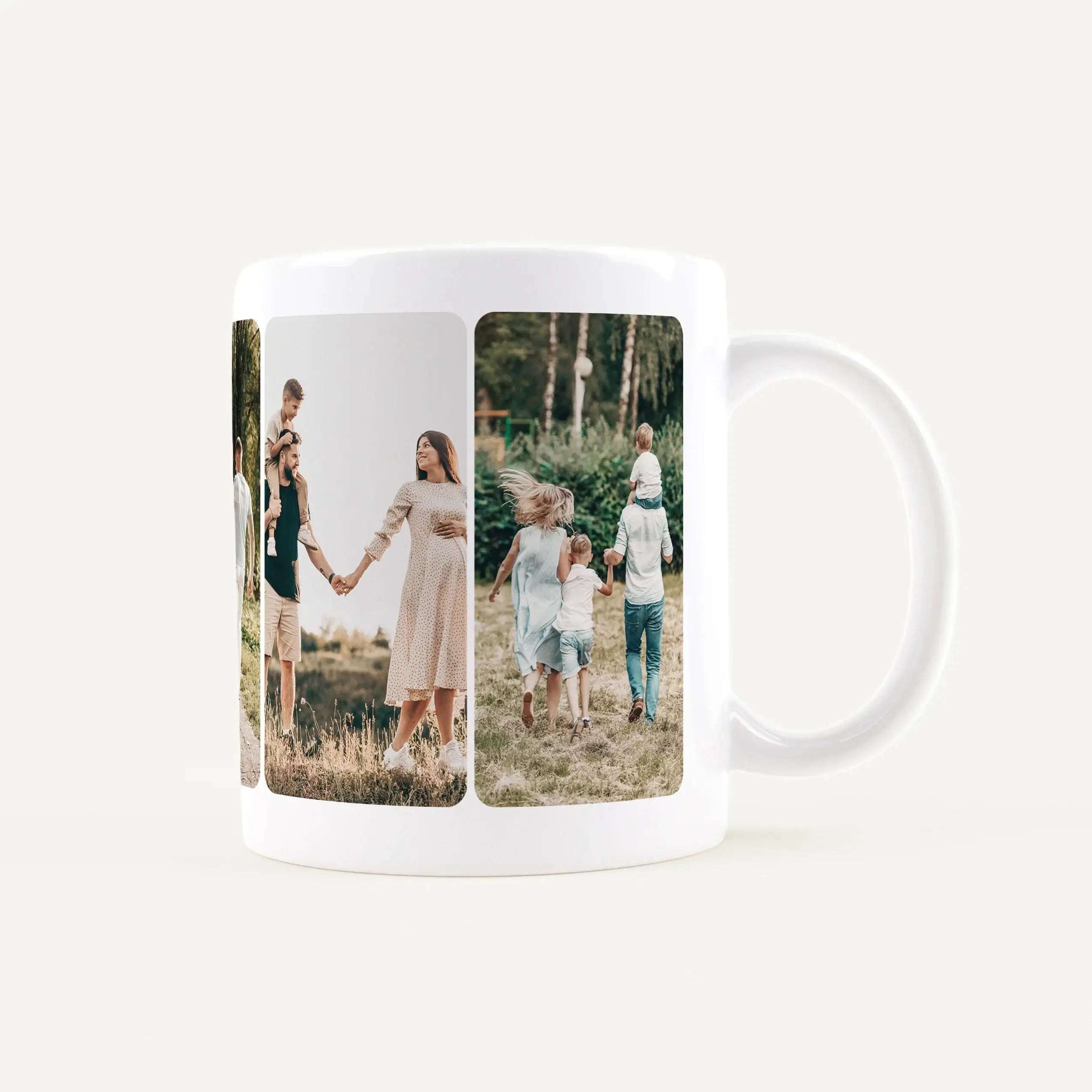 White ceramic mug with a vertical photo collage of a family walking and holding hands in a park around the mug's side.
