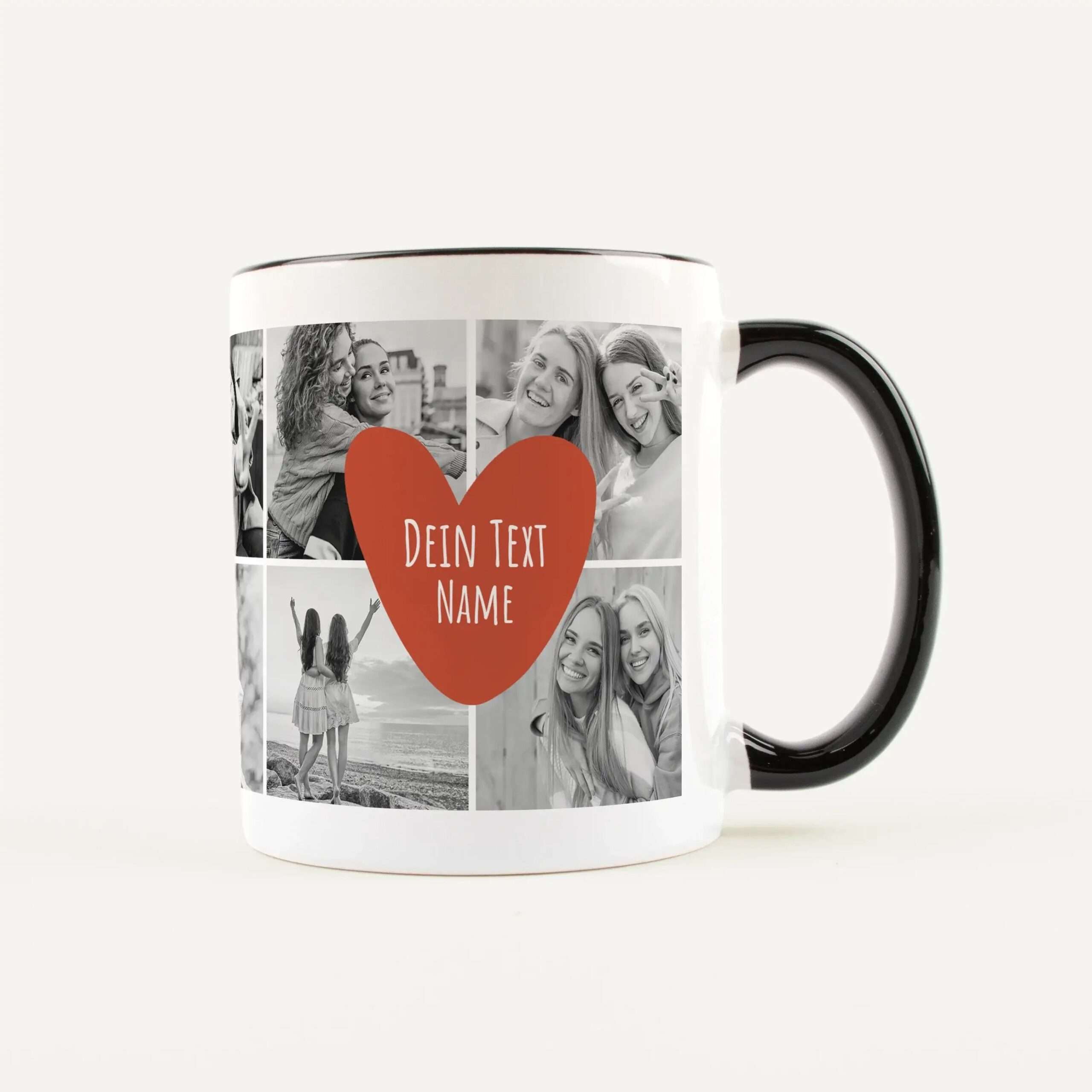 White mug featuring a black-and-white photo collage wrapped around the sides with a large red heart in the center, space for custom text on the heart.
