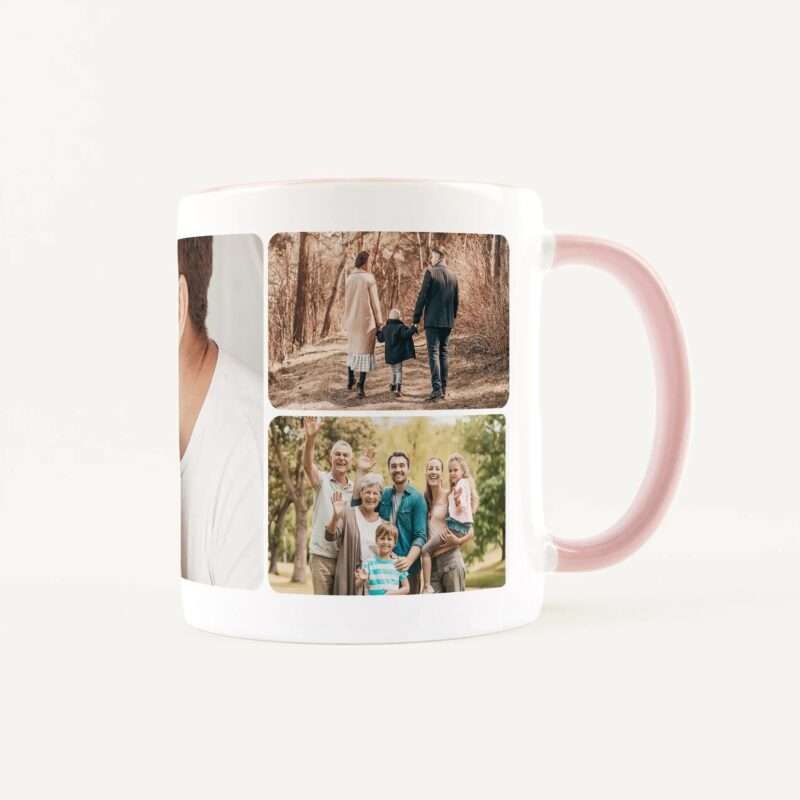 White mug with a vertical photo collage printed on its side showing a family group in outdoor scenes against a beige background