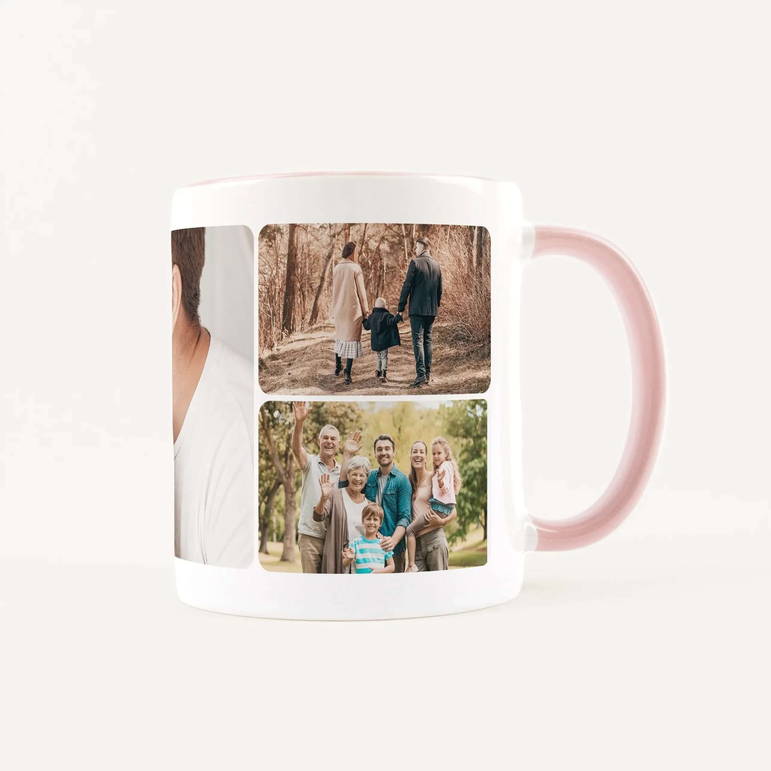 White mug with a vertical photo collage printed on its side showing a family group in outdoor scenes against a beige background