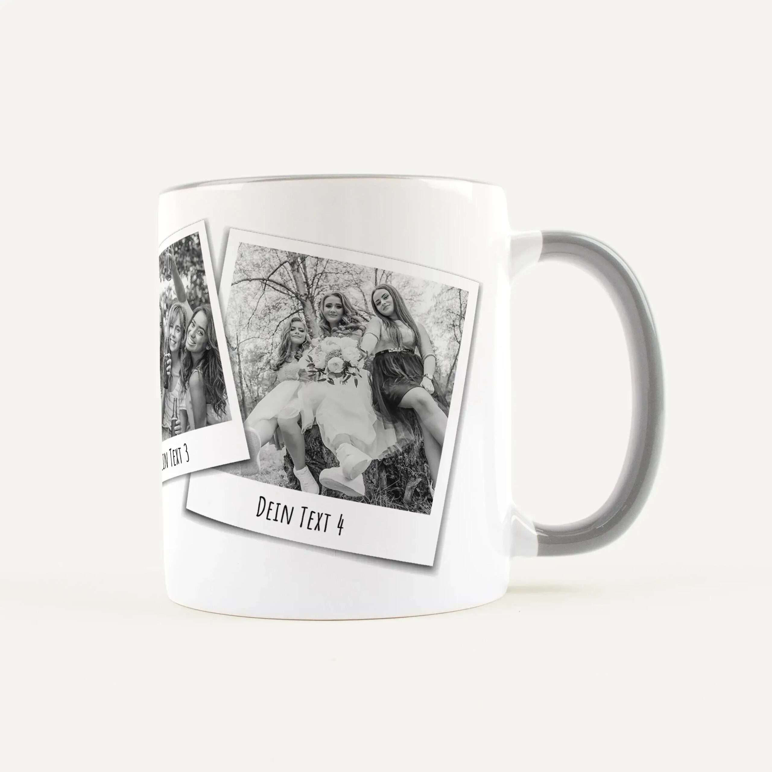White mug with several attached photo prints showing people posing outdoors; customizable captions visible on the photos (e.g., 'DEIN TEXT 4').
