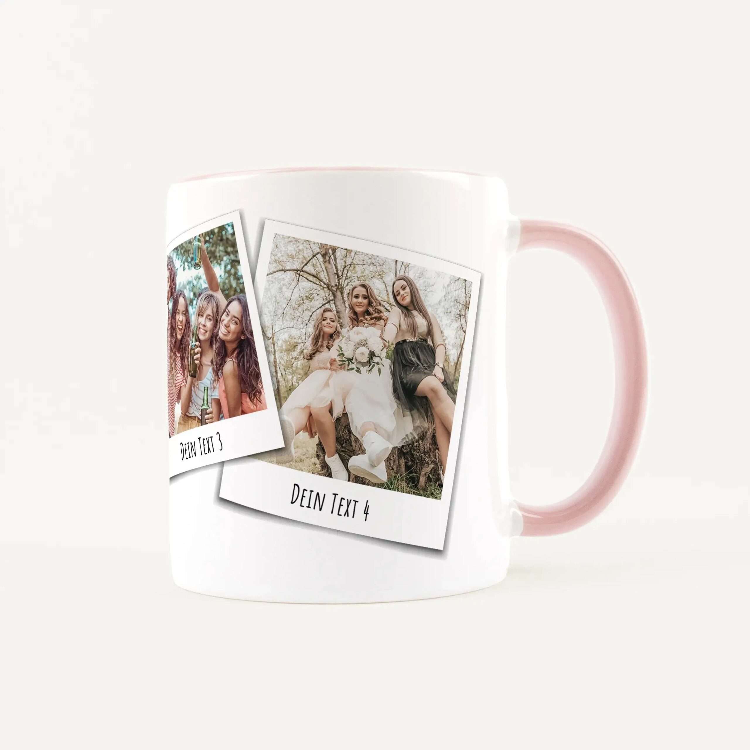White mug with pink handle displaying a photo collage of people printed around its rim; customizable keepsake photo mug.