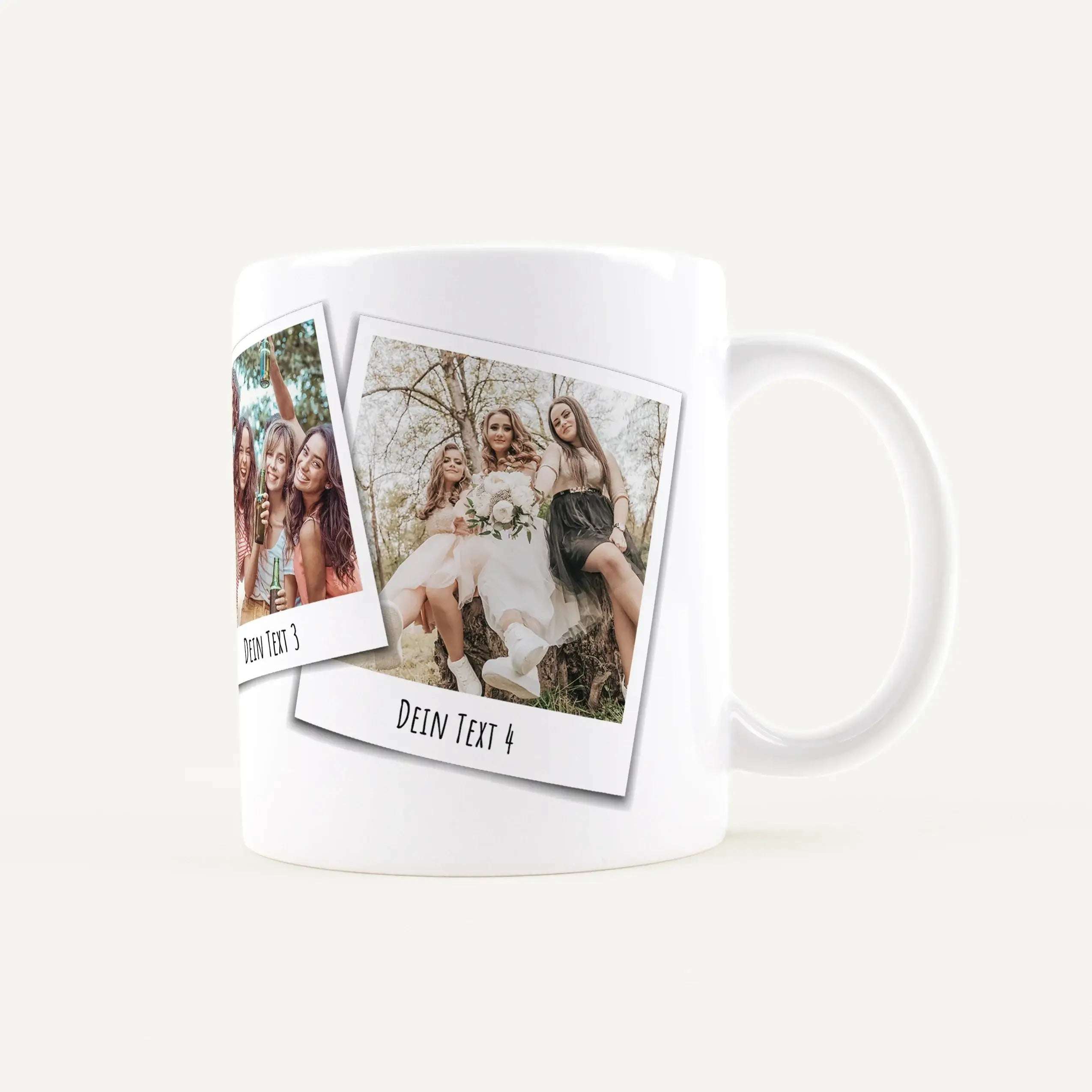 White ceramic mug with a collage of Polaroid-style photos wrapped around its side, set against a light background.