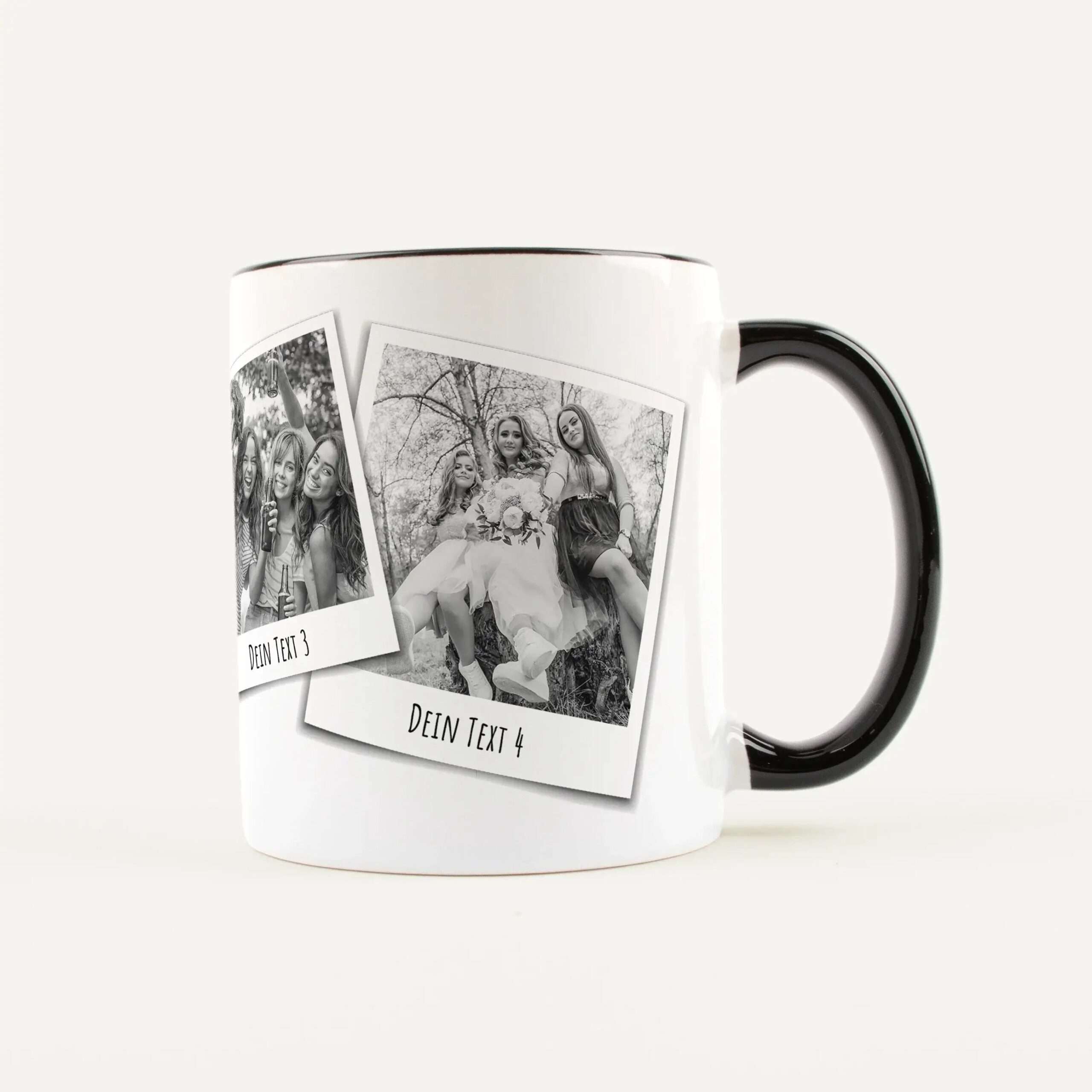 White ceramic mug wrapped with a collage of photos along its side against a light background.
