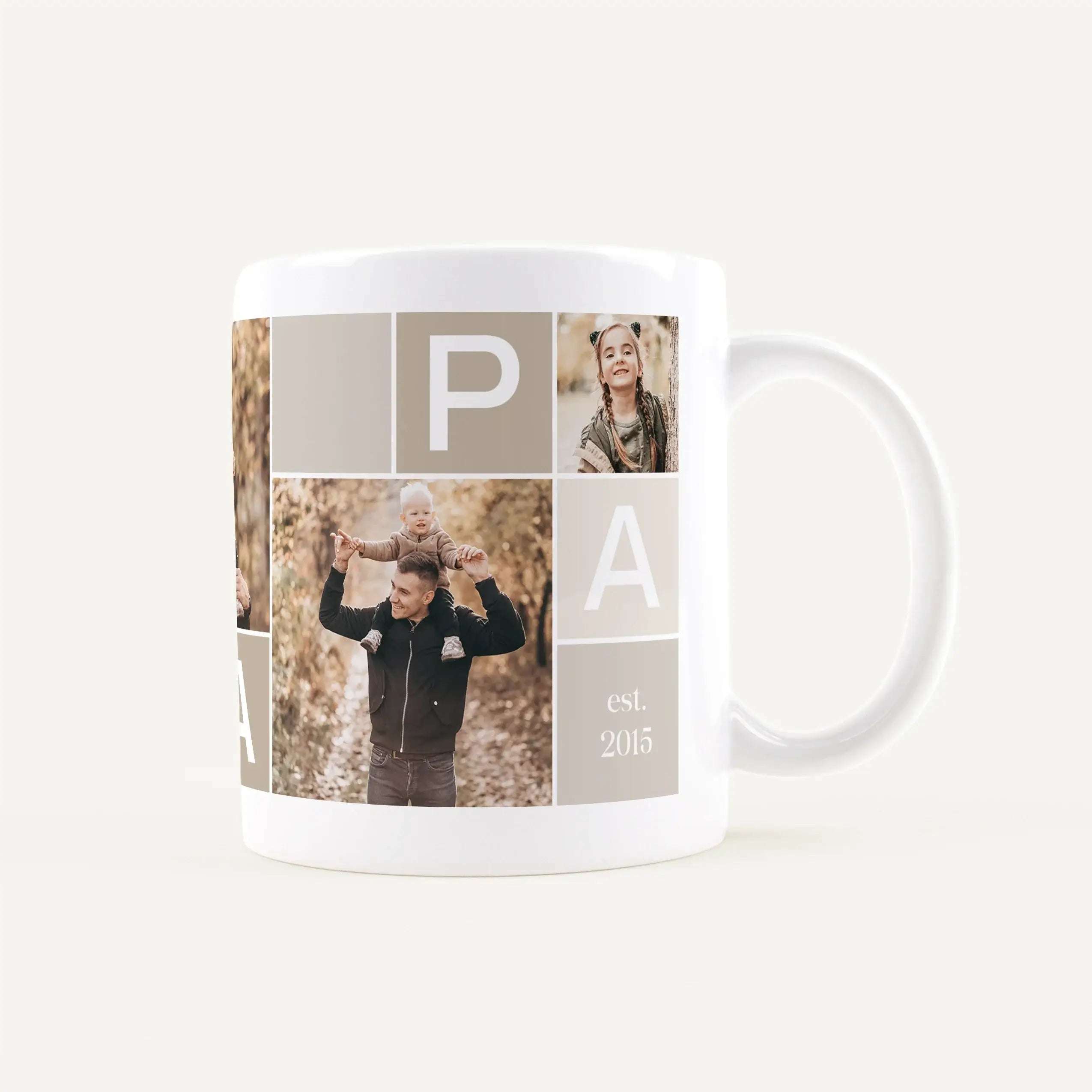 White ceramic mug wrapped in a photo collage grid with beige letter tiles and portraits visible on the side