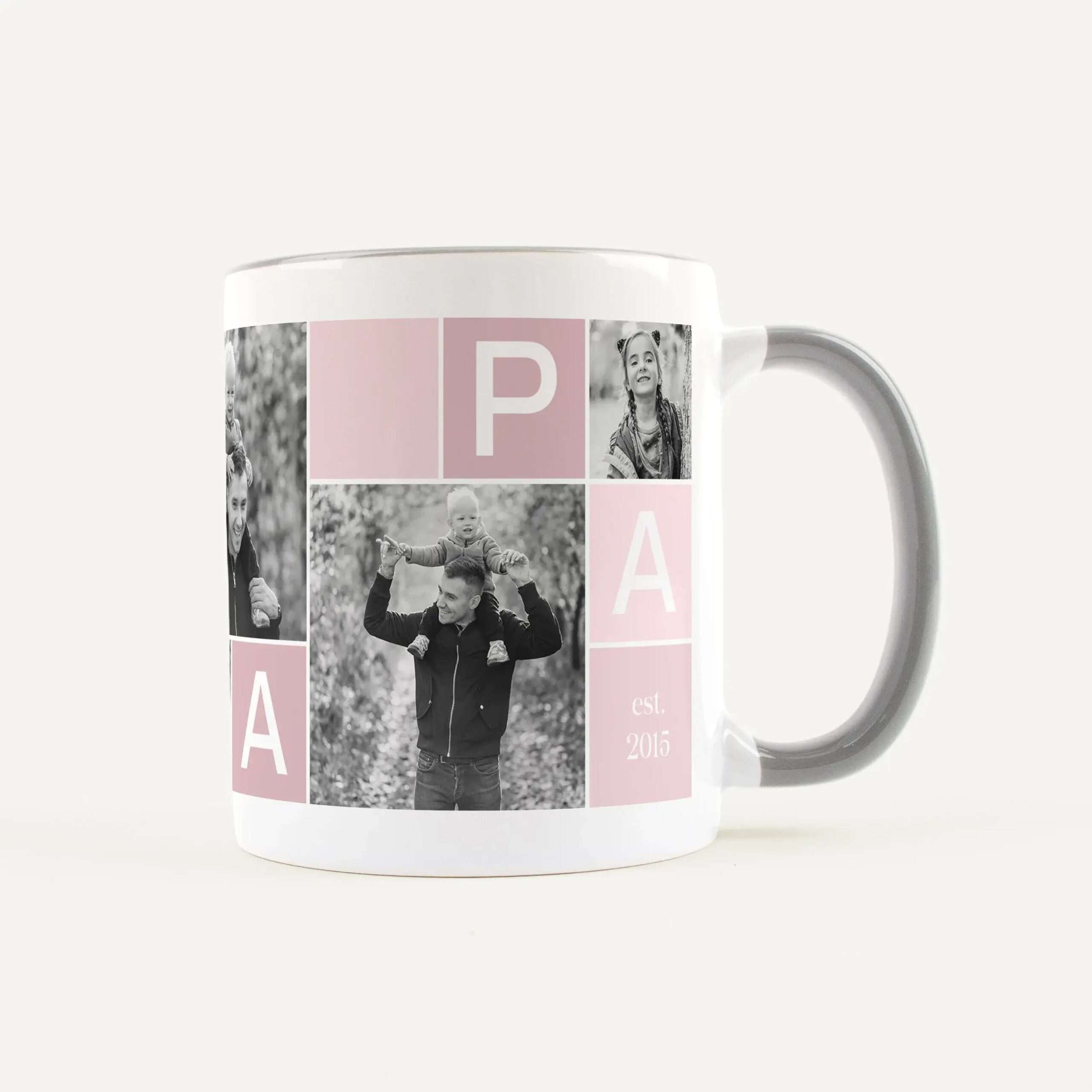 White ceramic mug wrapped with a collage of black-and-white photos and pink panel images, forming a grid design on the side.