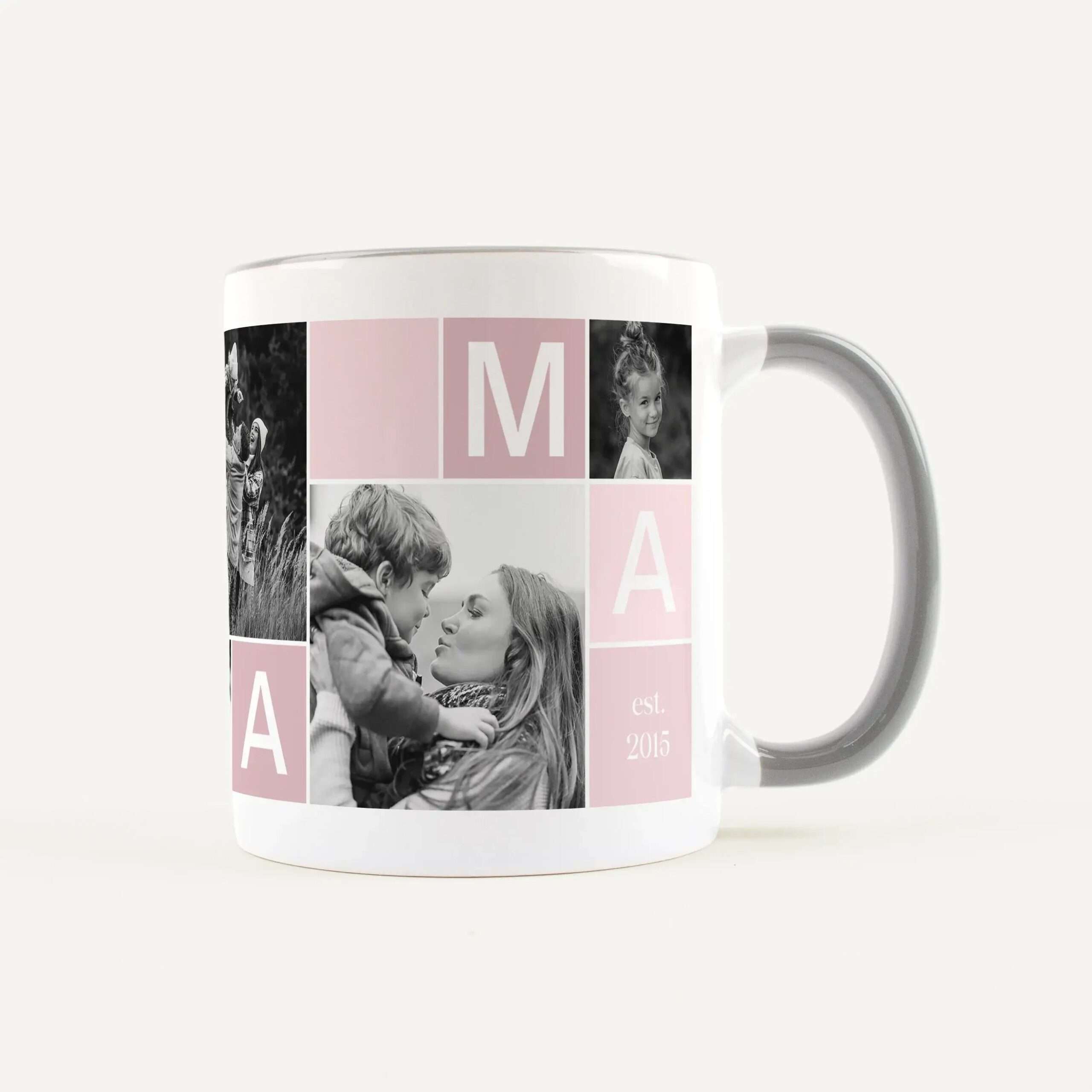 White ceramic mug with a vertical collage of black-and-white photos and pink blocks, handle on the right.