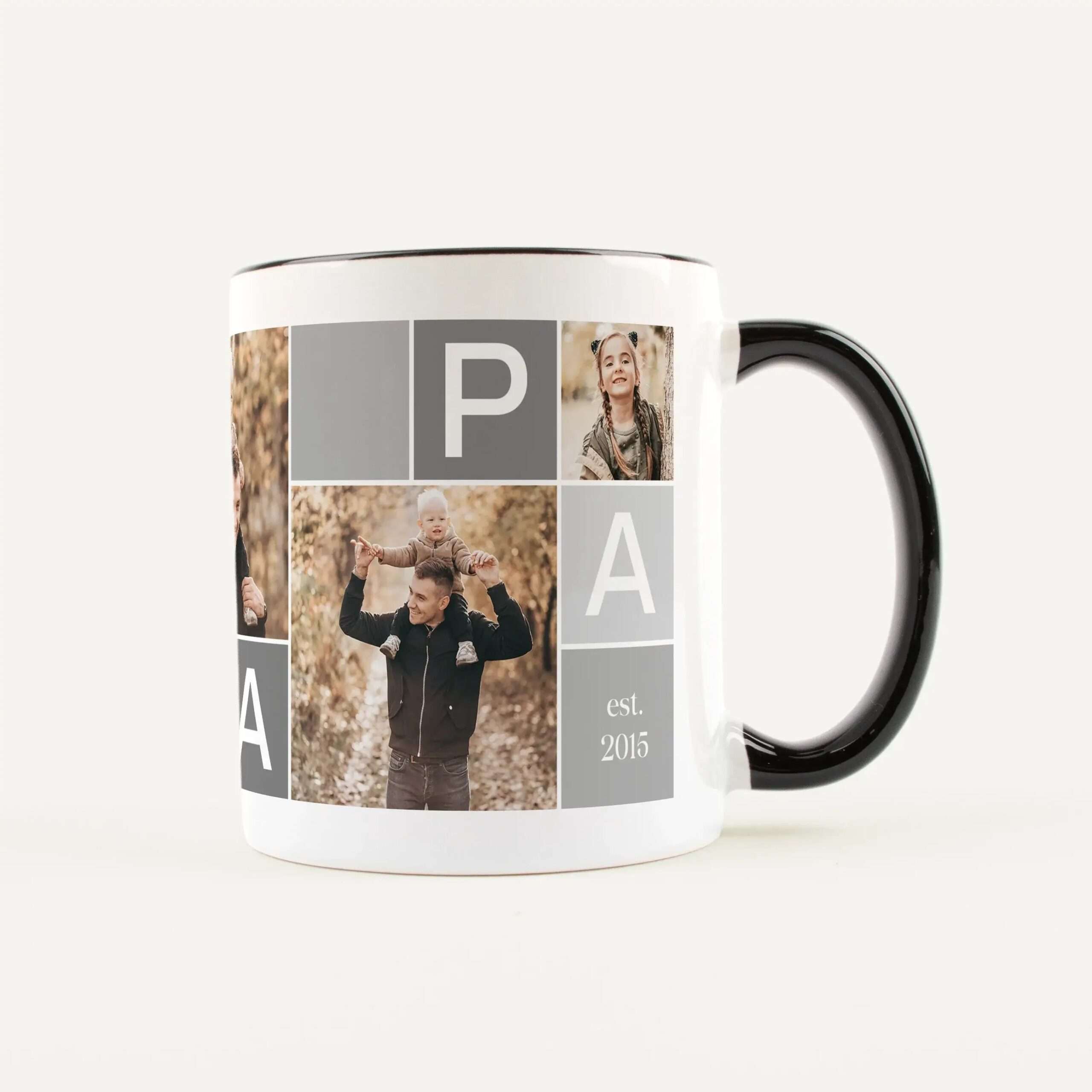 White mug featuring a photo collage with multiple small square pictures and gray letter tiles along the side.