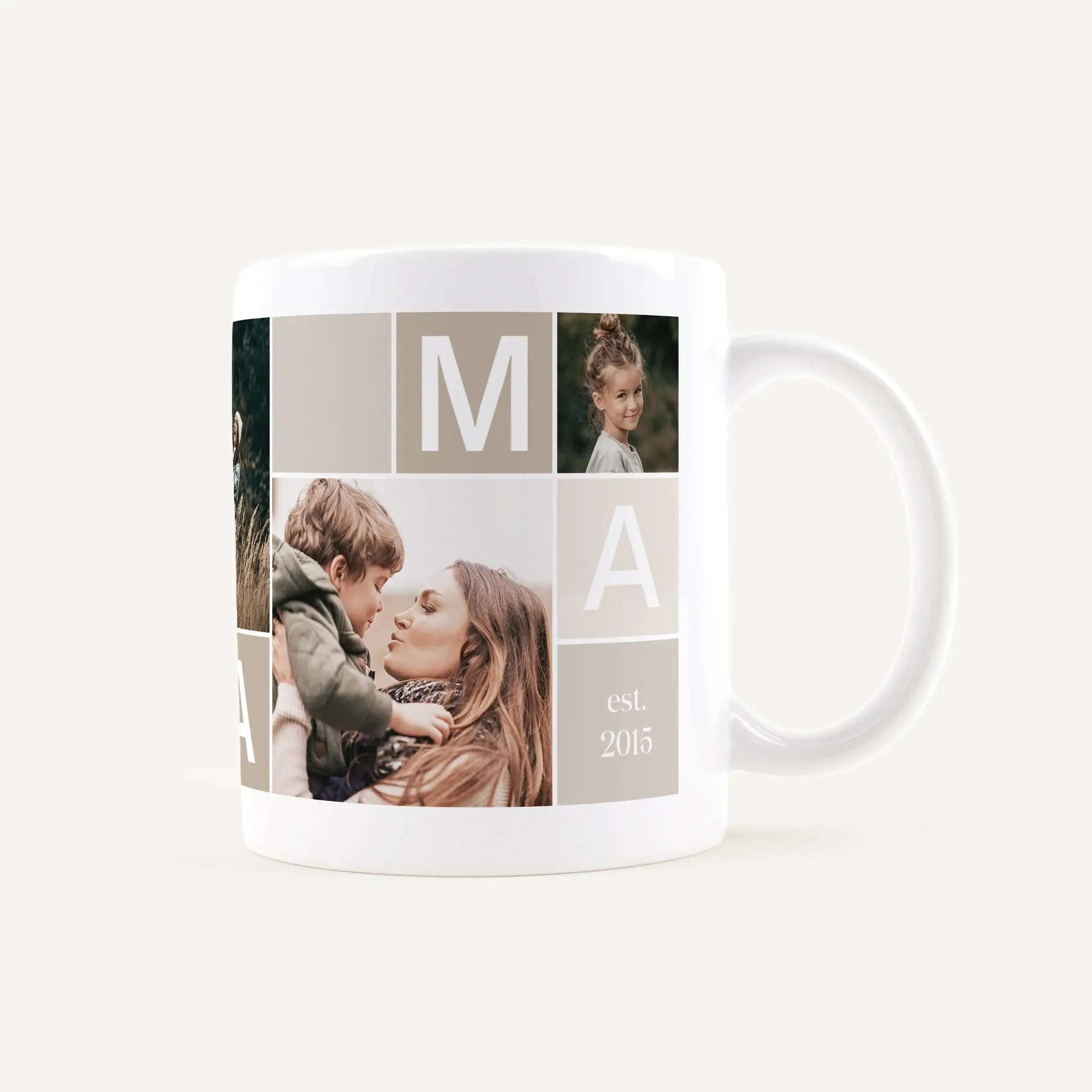 White mug featuring a collage of family photos with a mother and child in the foreground around the cup edge