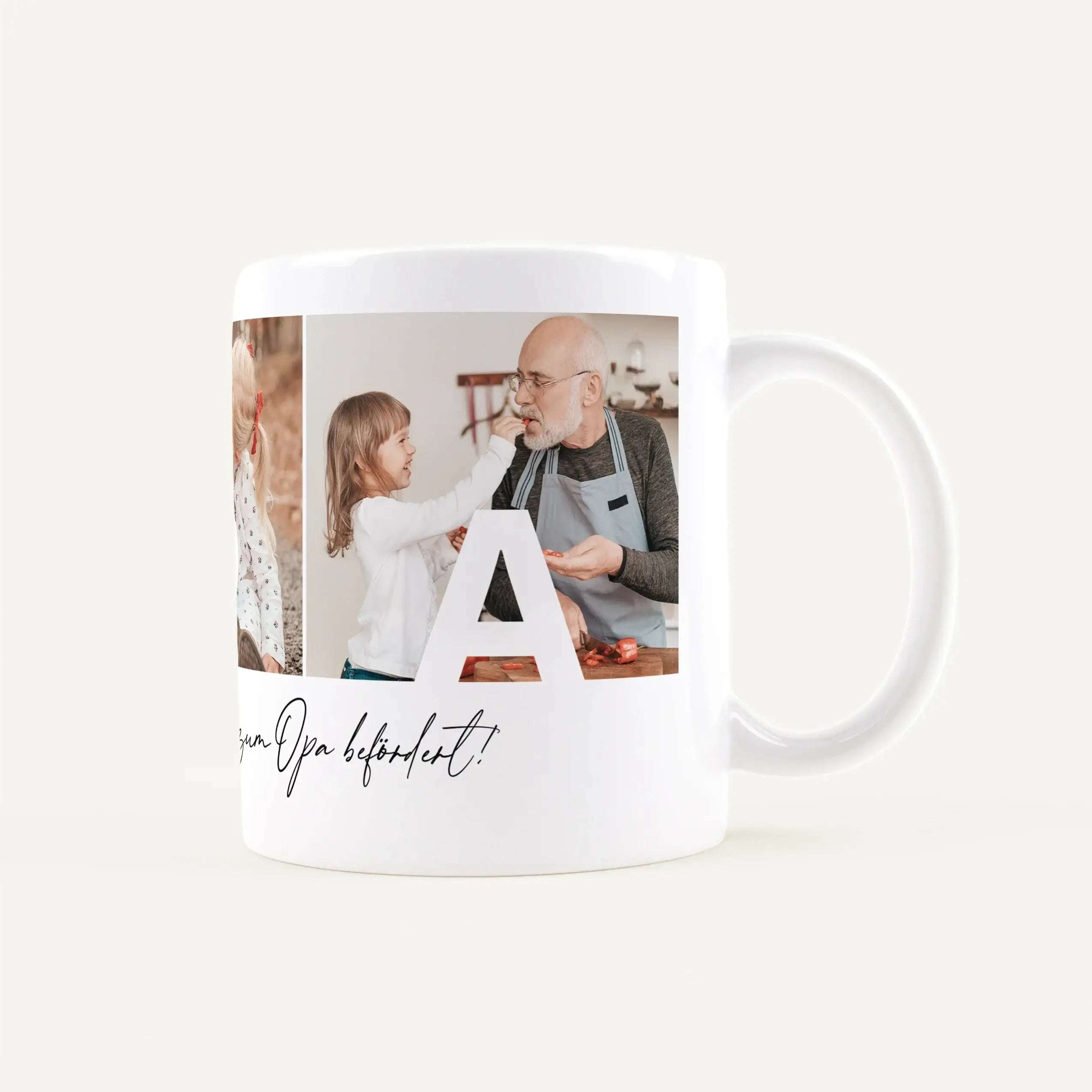 White ceramic mug displaying a printed photo of an elderly man and a child sharing a moment, with cursive text below the image.