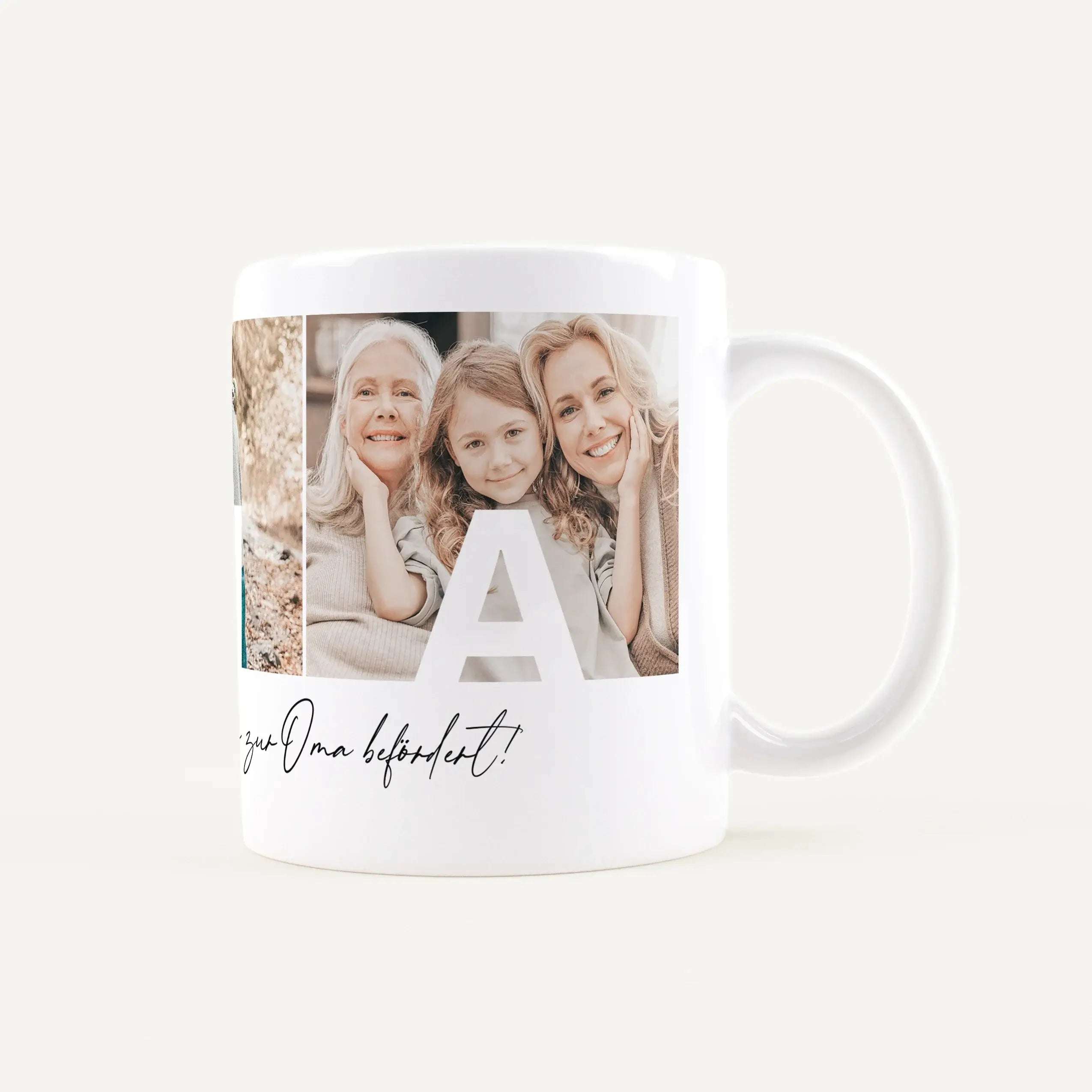White ceramic mug wrapped with a collage of smiling people and a large letter A, plus cursive text visible on the design.