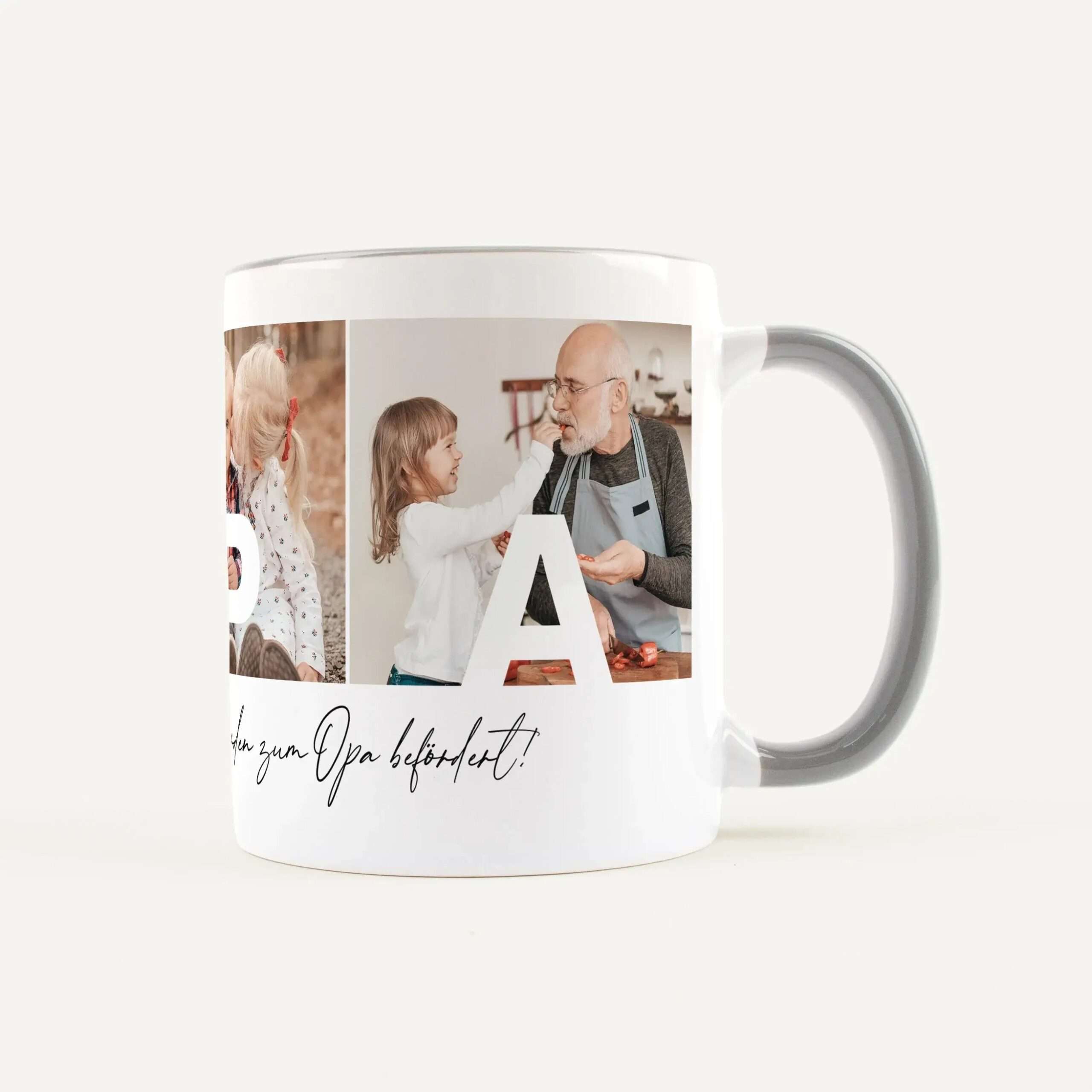 White ceramic mug printed with a vertical photo collage of a family and a cursive handwritten message along the bottom edge.