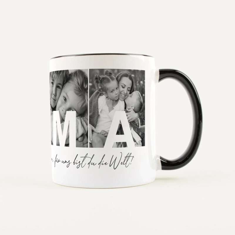 Mug wrapped in a black-and-white collage of family photos and handwritten text, viewed from the side.