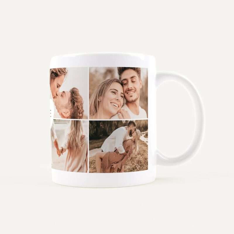 White mug featuring a 3x3 photo collage of a couple in romantic moments, including kissing and smiling outdoors