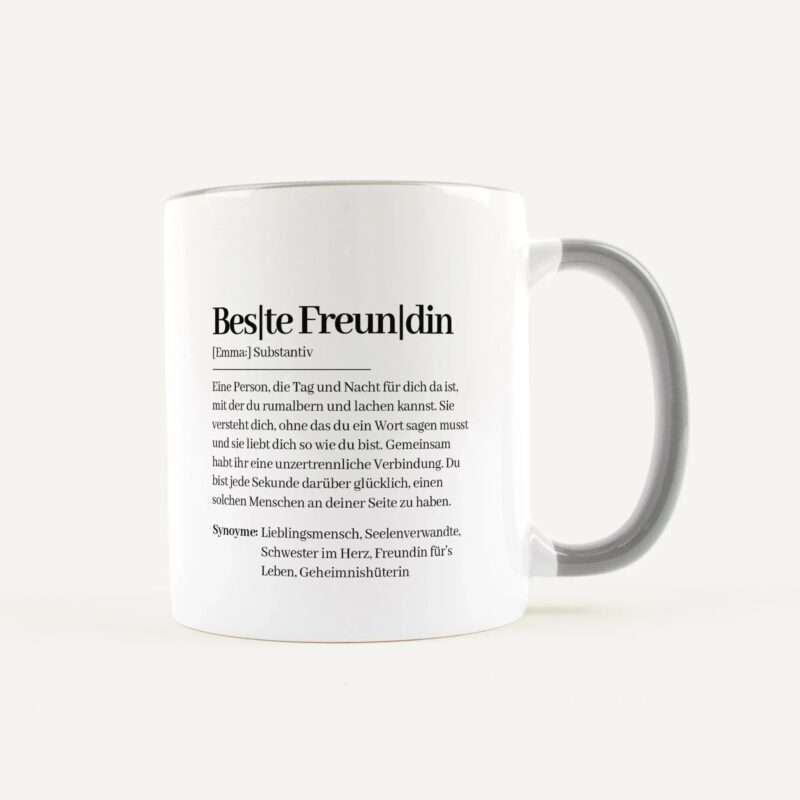 White ceramic mug with the German word 'Beste Freundin' and a dictionary-style definition printed on its surface.