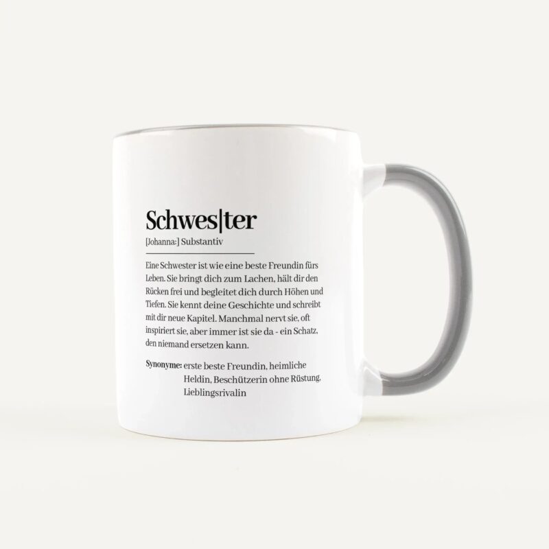 White mug printed with a German dictionary entry for 'Schwester' (Johanna: Substantiv) and its paragraph definition.