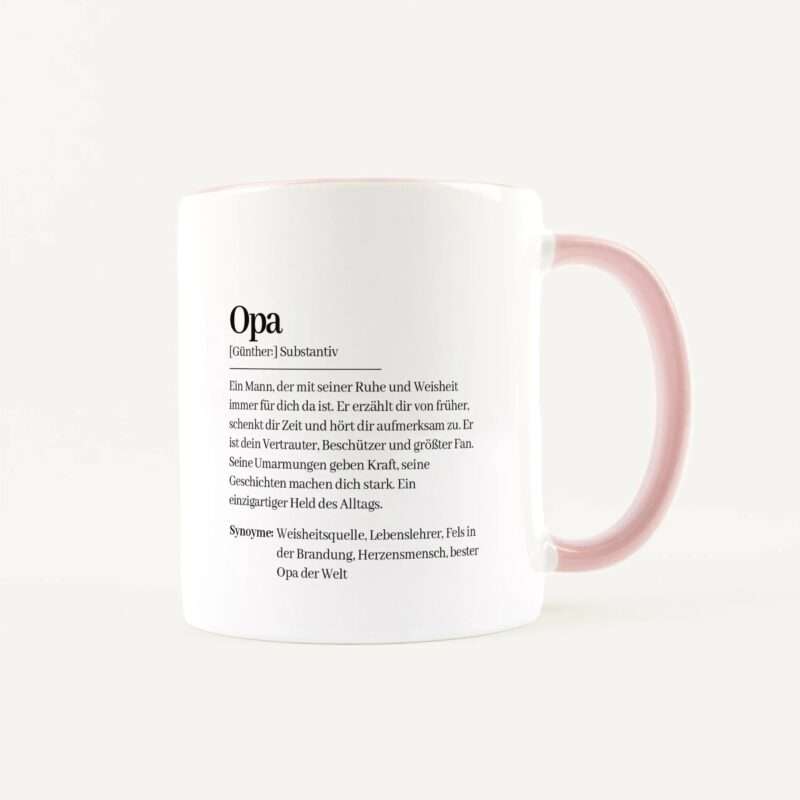 White mug with pink handle and German text about 'Opa' printed on the side.