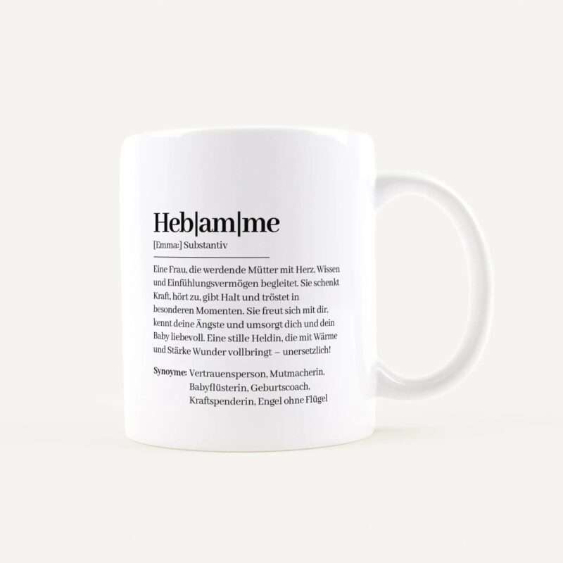 White ceramic mug with a label showing German dictionary-style text wrapped around the side, black serif font on white.