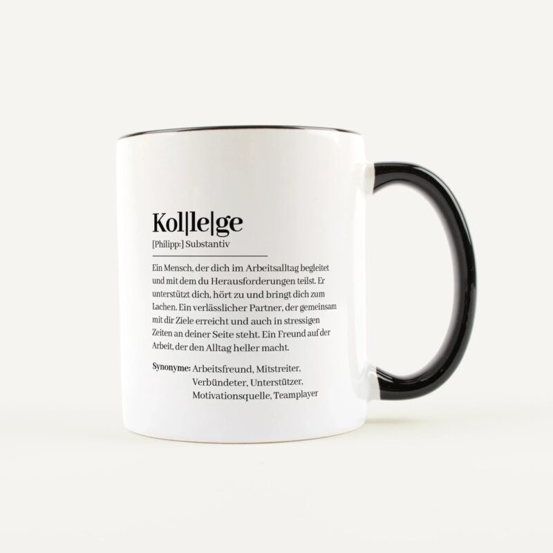 White mug with black handle showing a German dictionary entry starting with 'Kollege' and its definition.