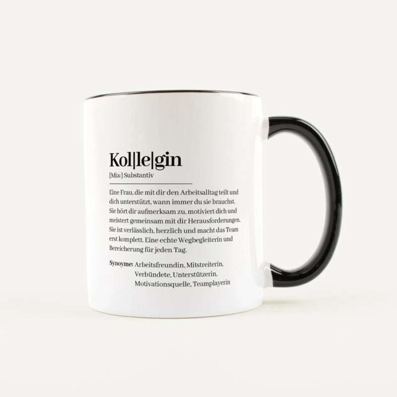 White mug with a black handle displaying black serif typography that resembles a dictionary entry on the side.
