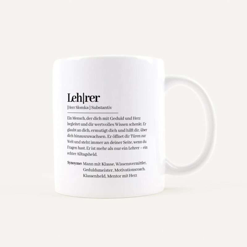 White ceramic mug with black printed German dictionary-style text, including a word, its part of speech, and a long definition/synonyms section.