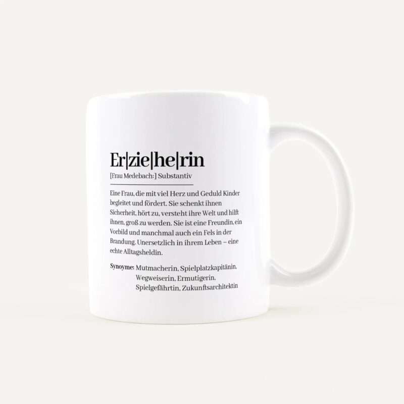 White ceramic mug with the German word 'Erzieherin' and a dictionary-style definition printed on it.