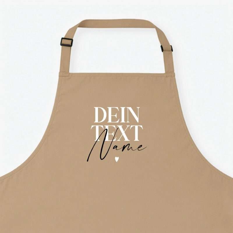 Beige apron with adjustable straps shown from the front on a white background; large white text reads 'DEN... NAME' across the torso area.