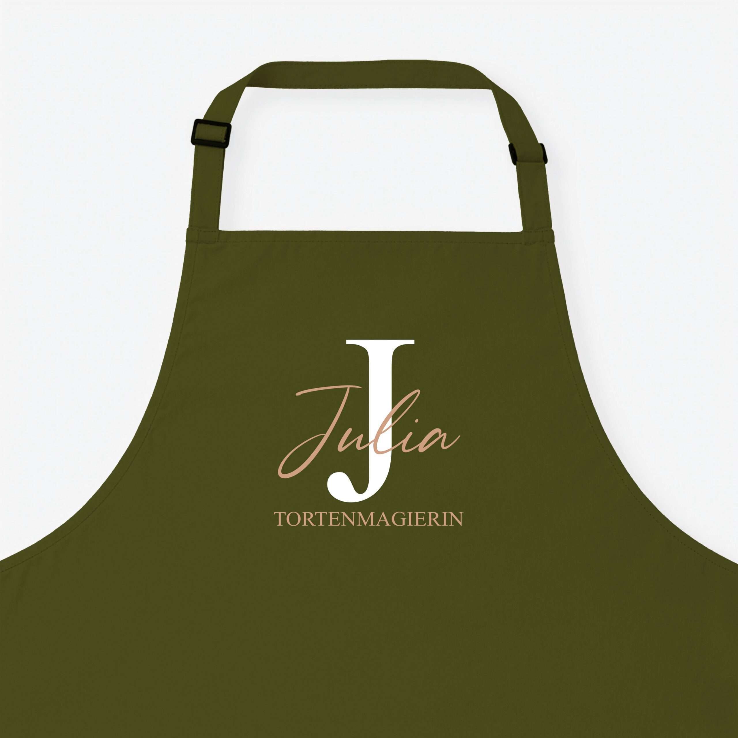 Olive-green apron with adjustable straps, featuring pink script text on the front.
