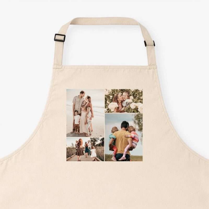 Beige canvas tote bag with a photo collage of family pictures printed on the front.