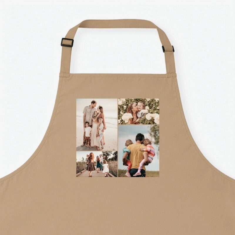 Beige apron with a collage of family photos on the front, hanging against a light background.