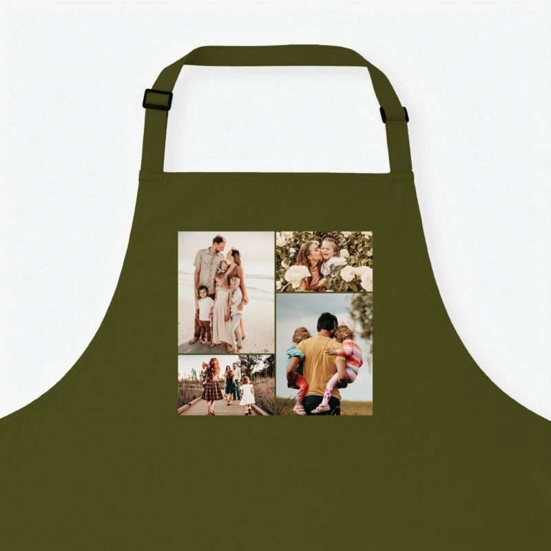 Green apron with a grid-style collage of family photos on the front.