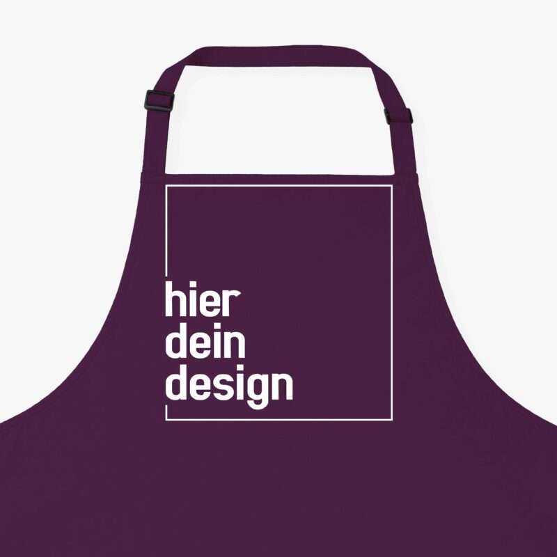 Purple apron with a white outline box and the German phrase 'hier dein design' ready for customization (text placeholder).
