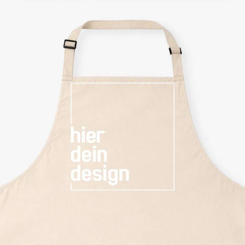 Beige apron featuring a large white outline rectangle indicating a customizable design area on the front.