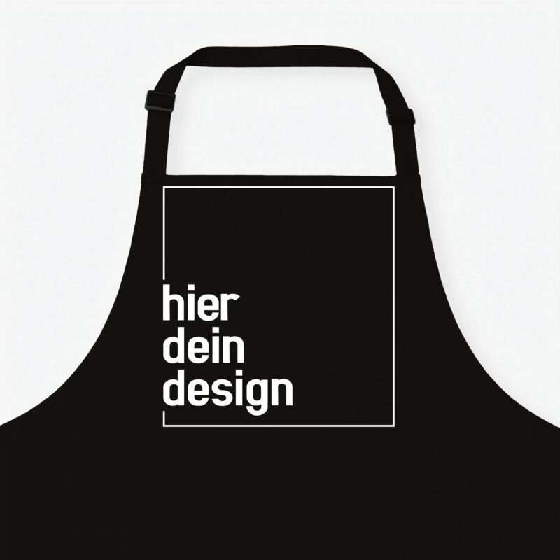 Black apron with a white bordered rectangle on the front and the German text 'hier dein design' against a light background.