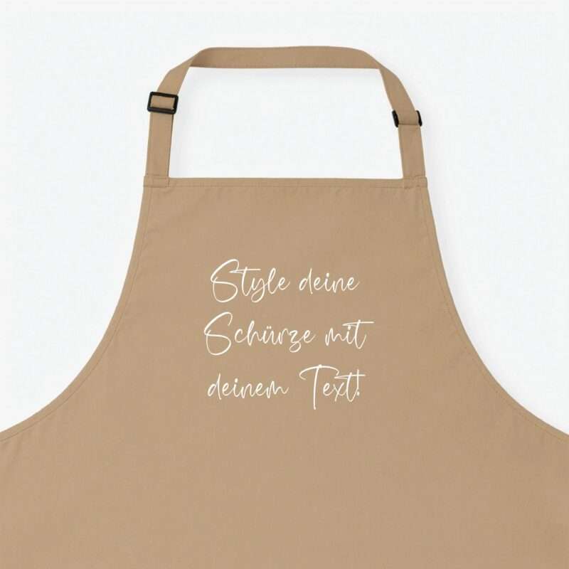 Beige apron with adjustable straps, partial white cursive text visible on front.