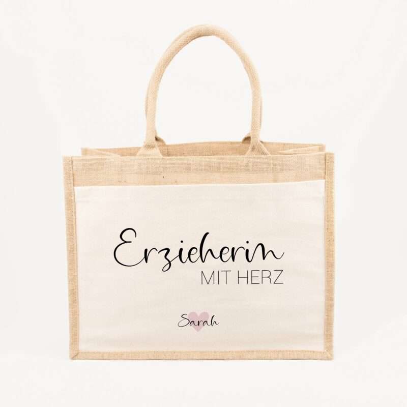 Bild von   jutetasche erzieherin mit herzjpg | Individuelle 🎁 persönliche 🎁 personalisierte Geschenke bedruckt ▪ bestickt ▪ graviert